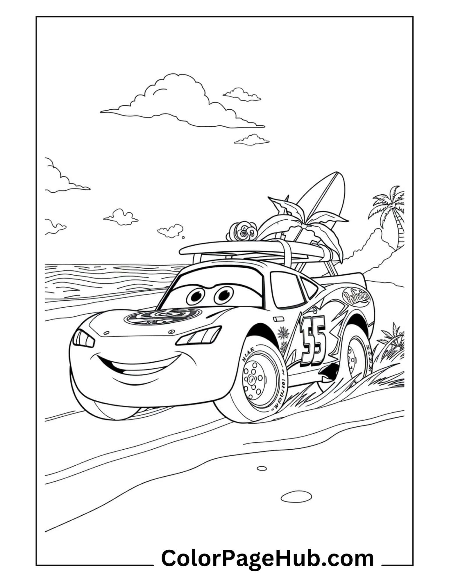 Beach vacation Lightning McQueen coloring page with surfboard and palm trees - free printable Lightning coloring pages for kids