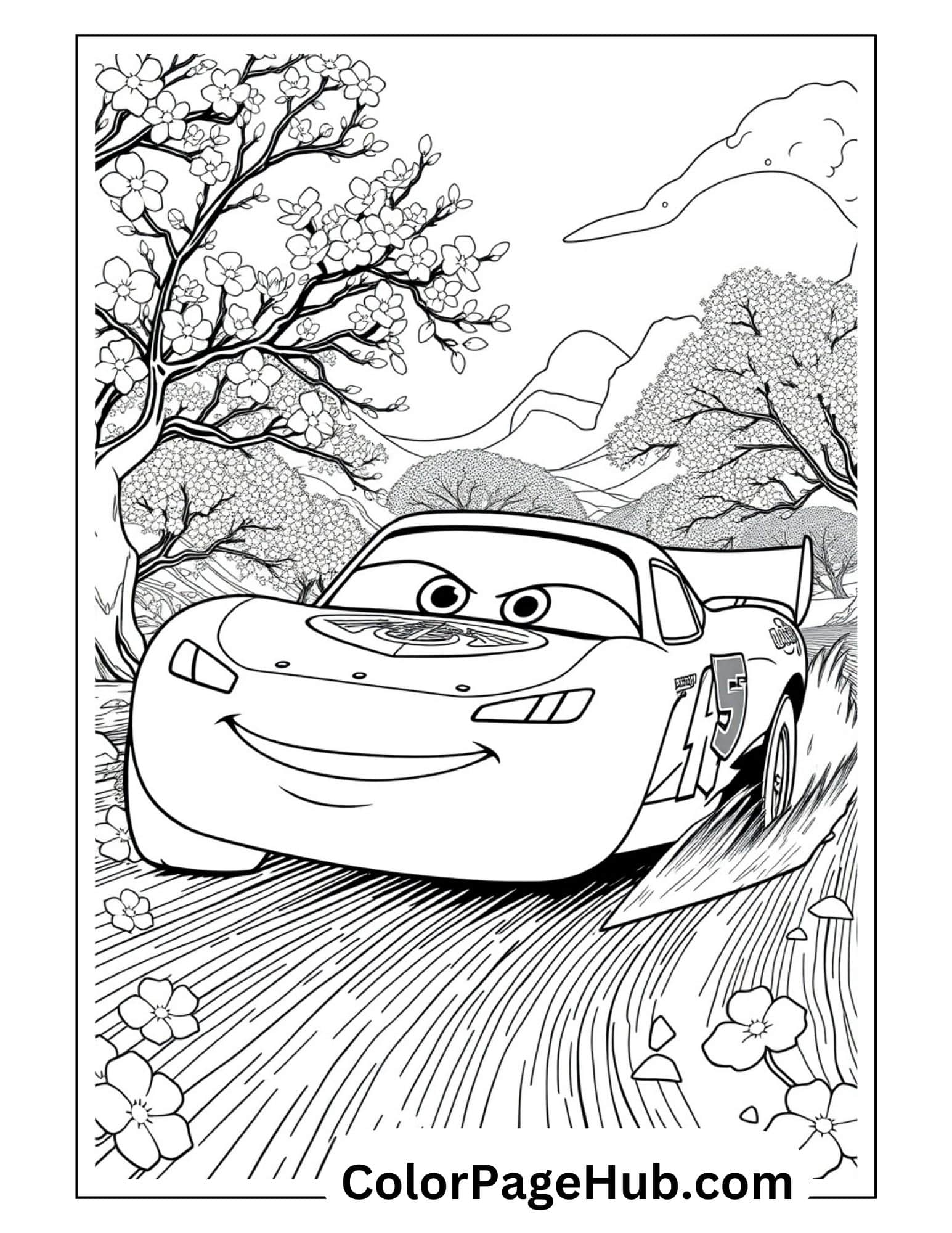 Lightning coloring pages featuring race car speeding through spring countryside with cherry blossoms, mountains, and scenic road