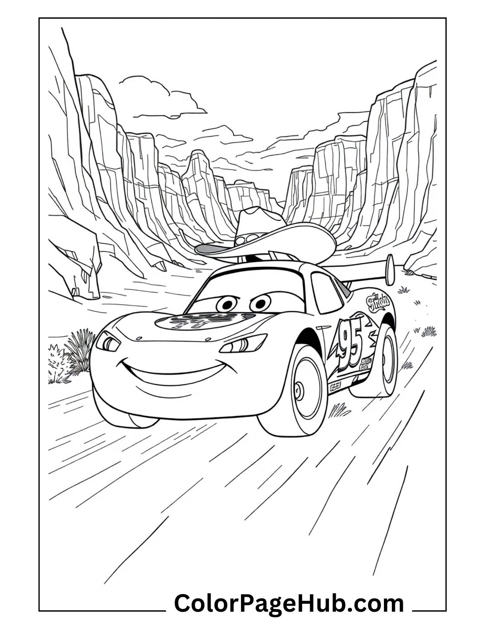 Lightning McQueen coloring page racing through canyon with cowboy hat - Route 66 adventure Lightning coloring pages