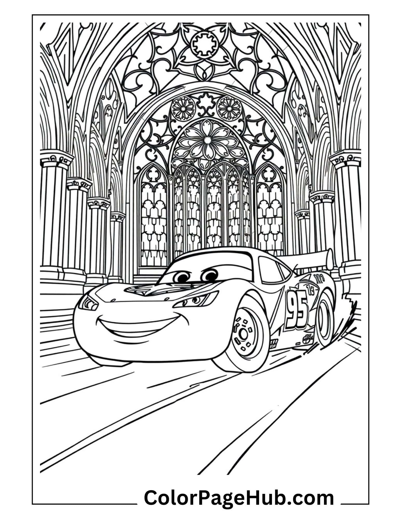 Lightning McQueen #95 racing through Gothic cathedral with ornate stained glass windows - unique architectural Lightning Coloring Pages