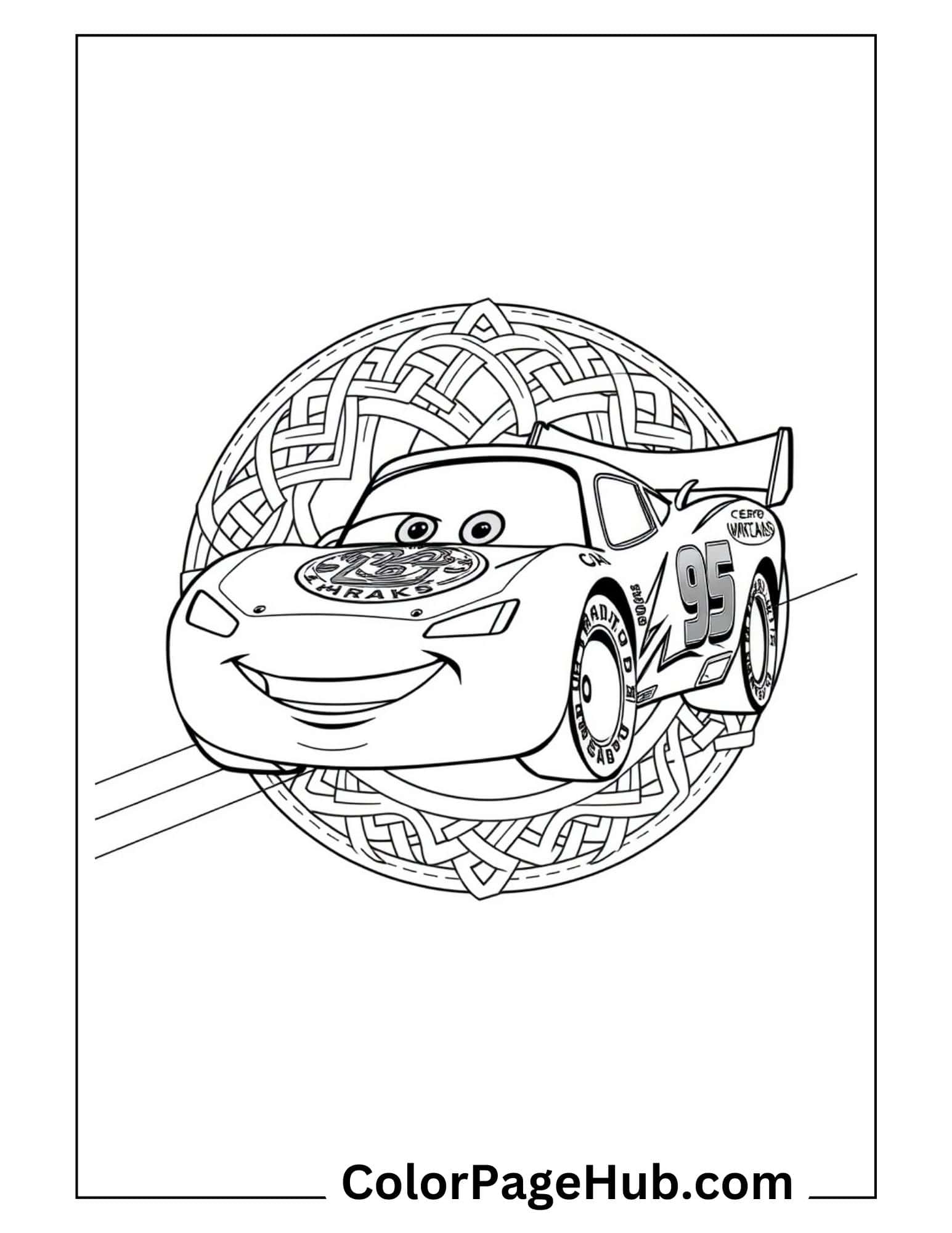 Lightning McQueen race car #95 with Celtic knot background - Disney Pixar Cars Lightning Coloring Pages for kids