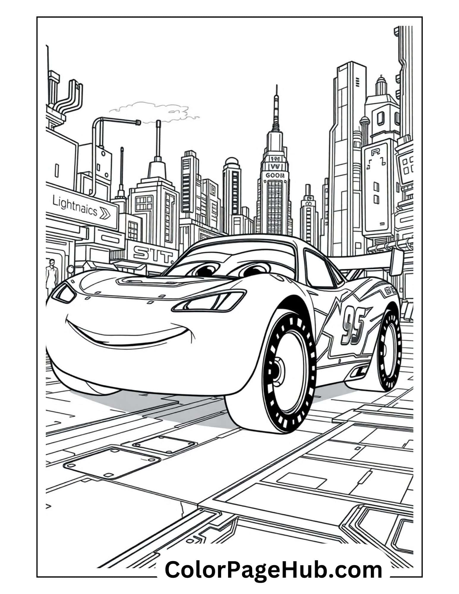 Lightning coloring pages featuring race car #95 cruising through detailed city skyline with skyscrapers, perfect for young fans of animated movies.