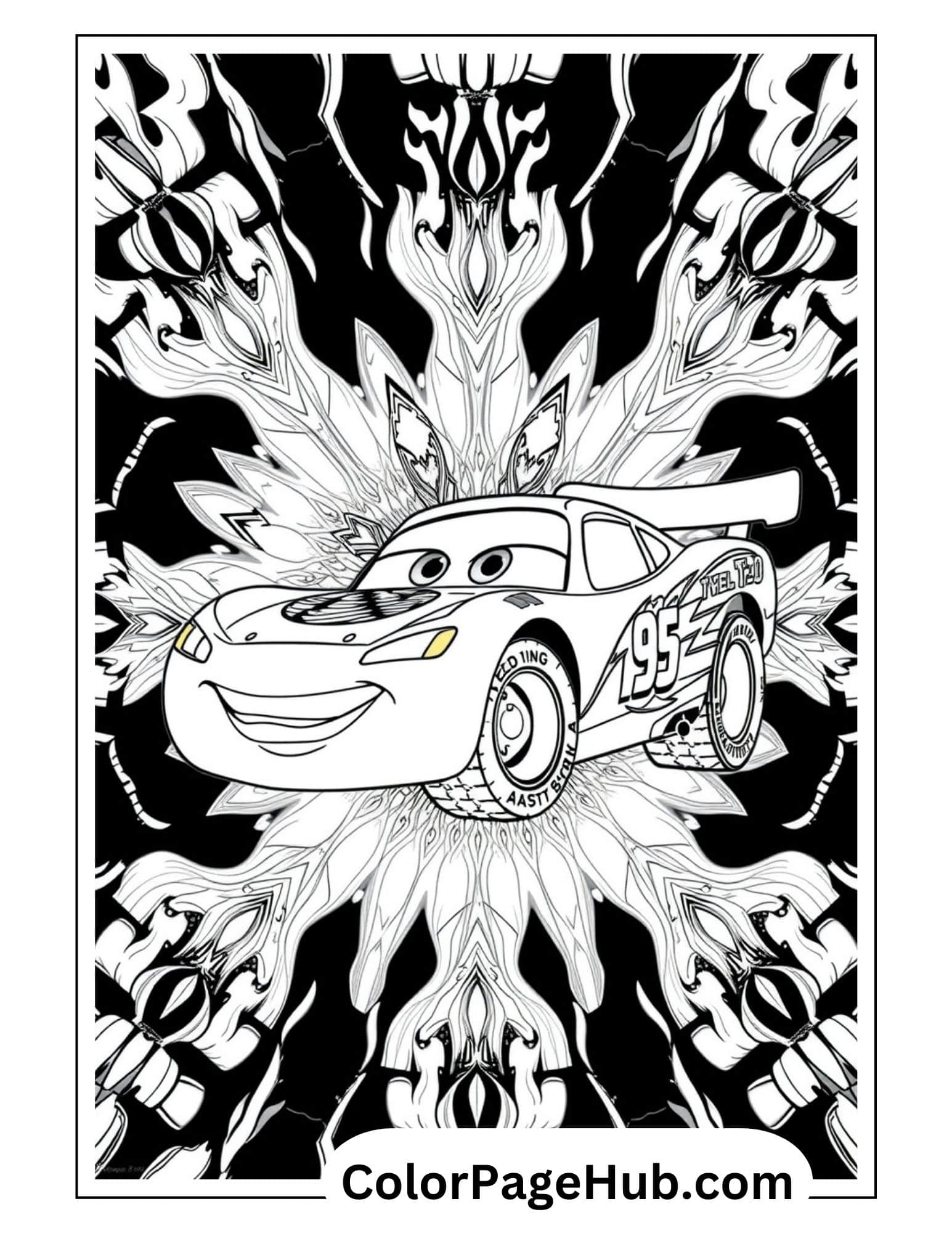 Lightning McQueen #95 on dramatic mandala background - striking Disney Cars Lightning Coloring Pages for artistic kids