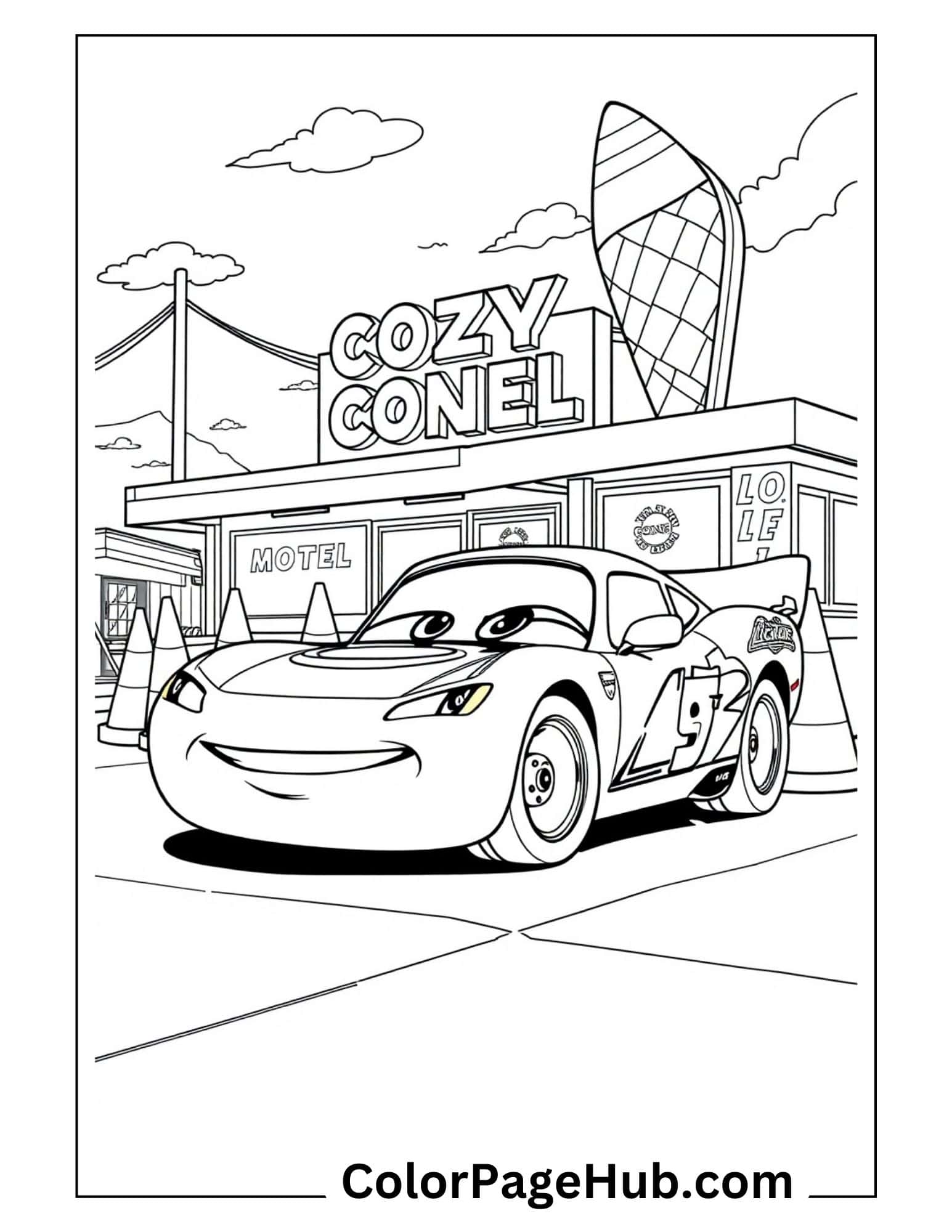 Cozy Cone Motel Lightning McQueen coloring page with race car at Route 66 inspired motel - Disney Cars Lightning coloring pages