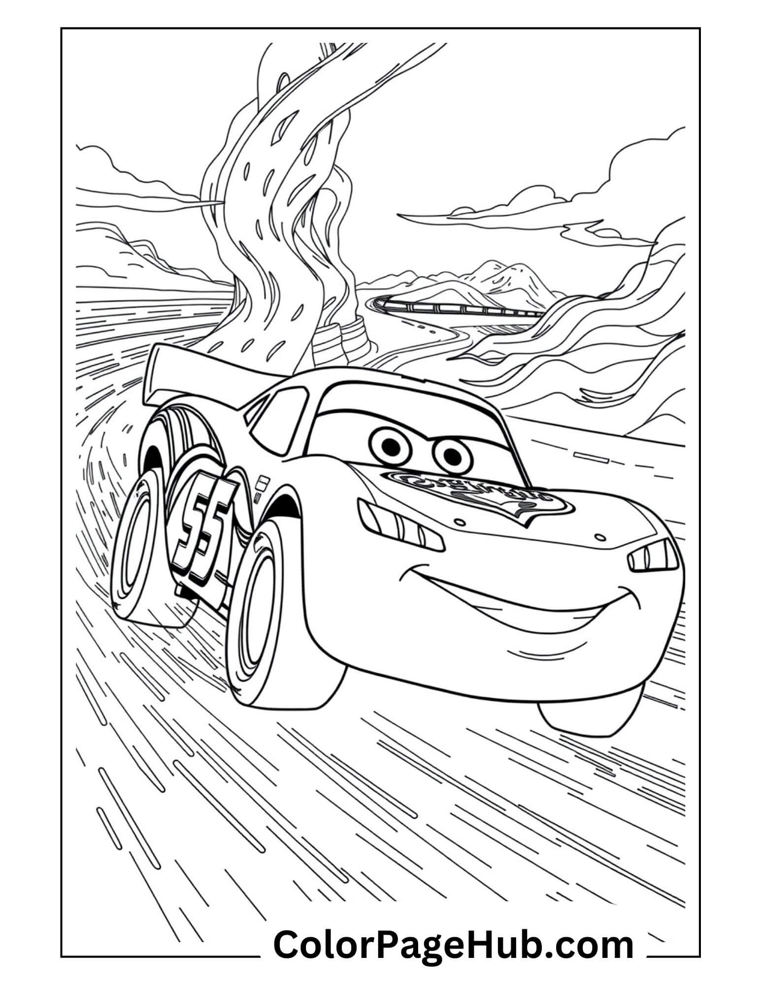 Cars Coloring Page featuring Lightning McQueen racing on a twisty track with mountains, perfect for kids' creative coloring fun