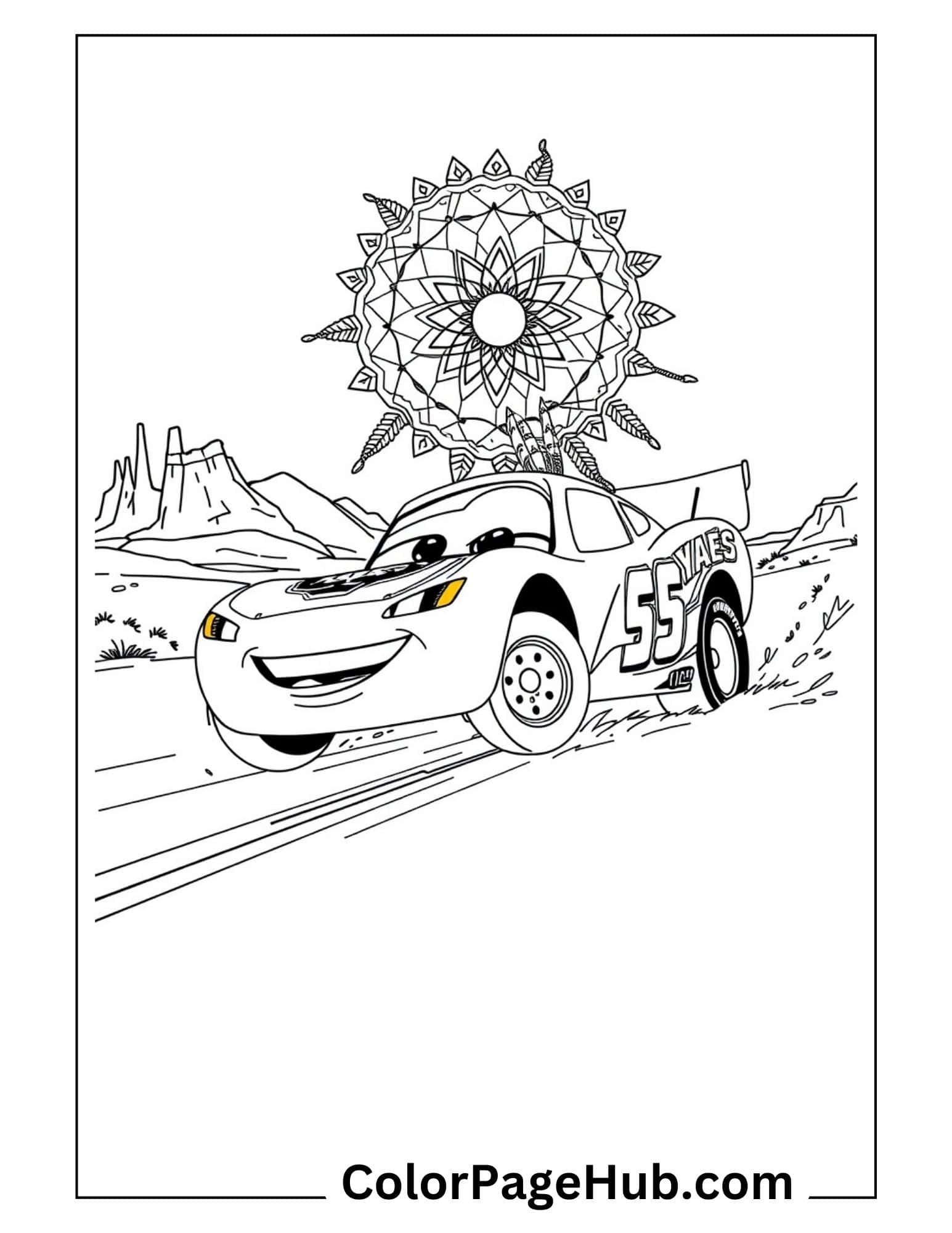 Lightning McQueen #55 racing through desert with mandala sun - Cars themed Lightning Coloring Pages with Southwest scenery