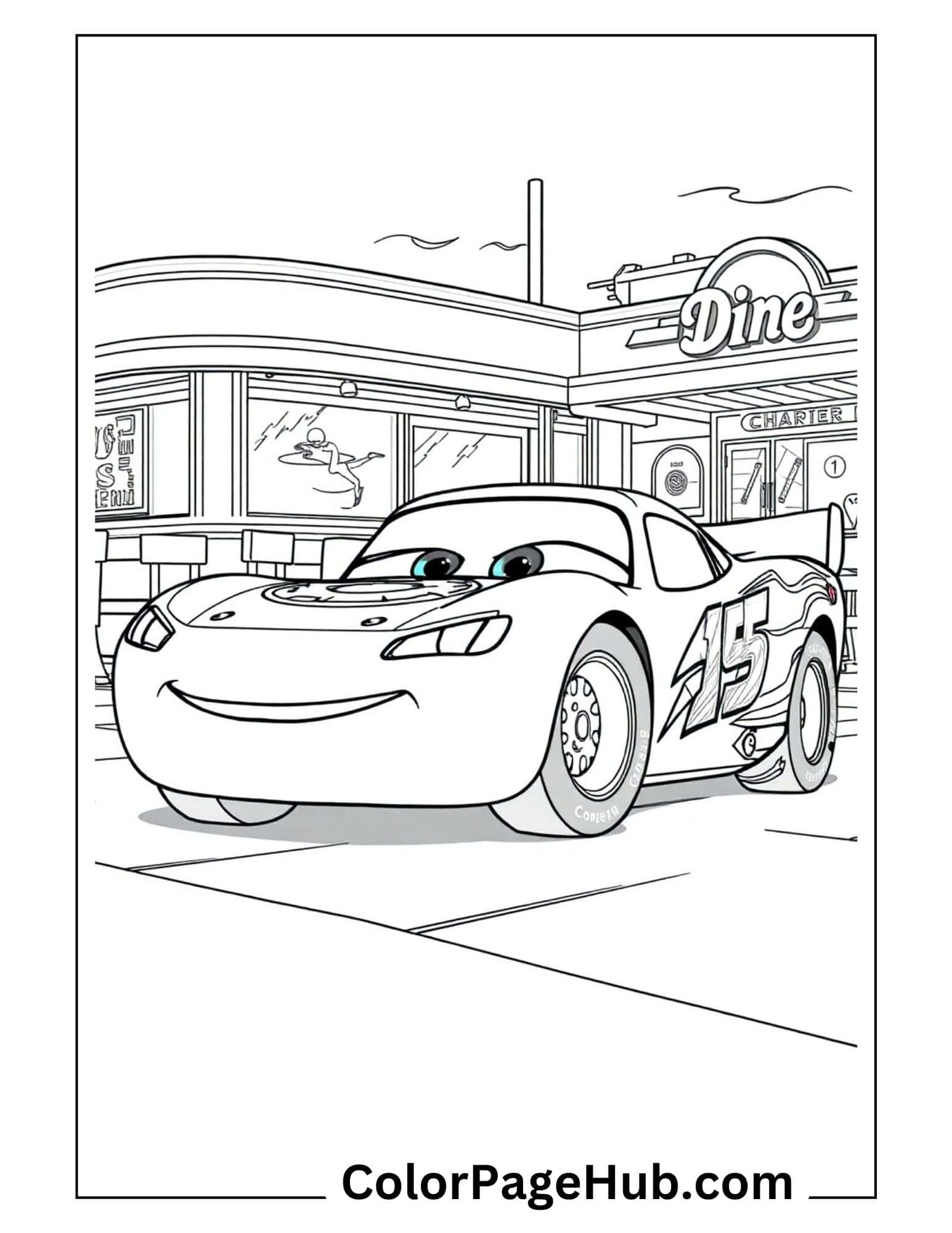 Lightning McQueen coloring page parked at Flo's V8 Cafe diner with number 95 decal - printable Lightning coloring pages for kids from