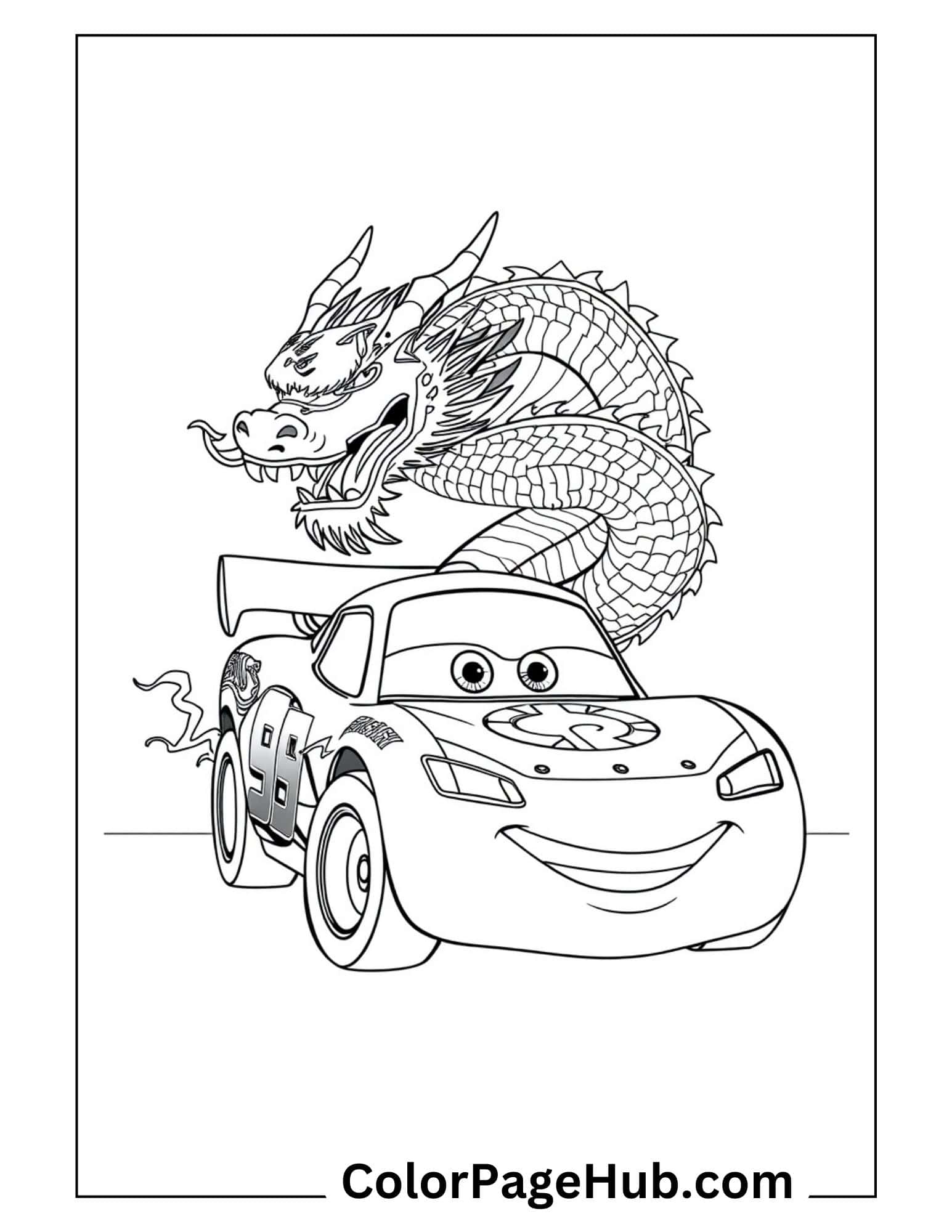 Lightning McQueen coloring page with Chinese dragon design - Disney Cars Lightning coloring pages featuring race car #95 with detailed dragon artwork