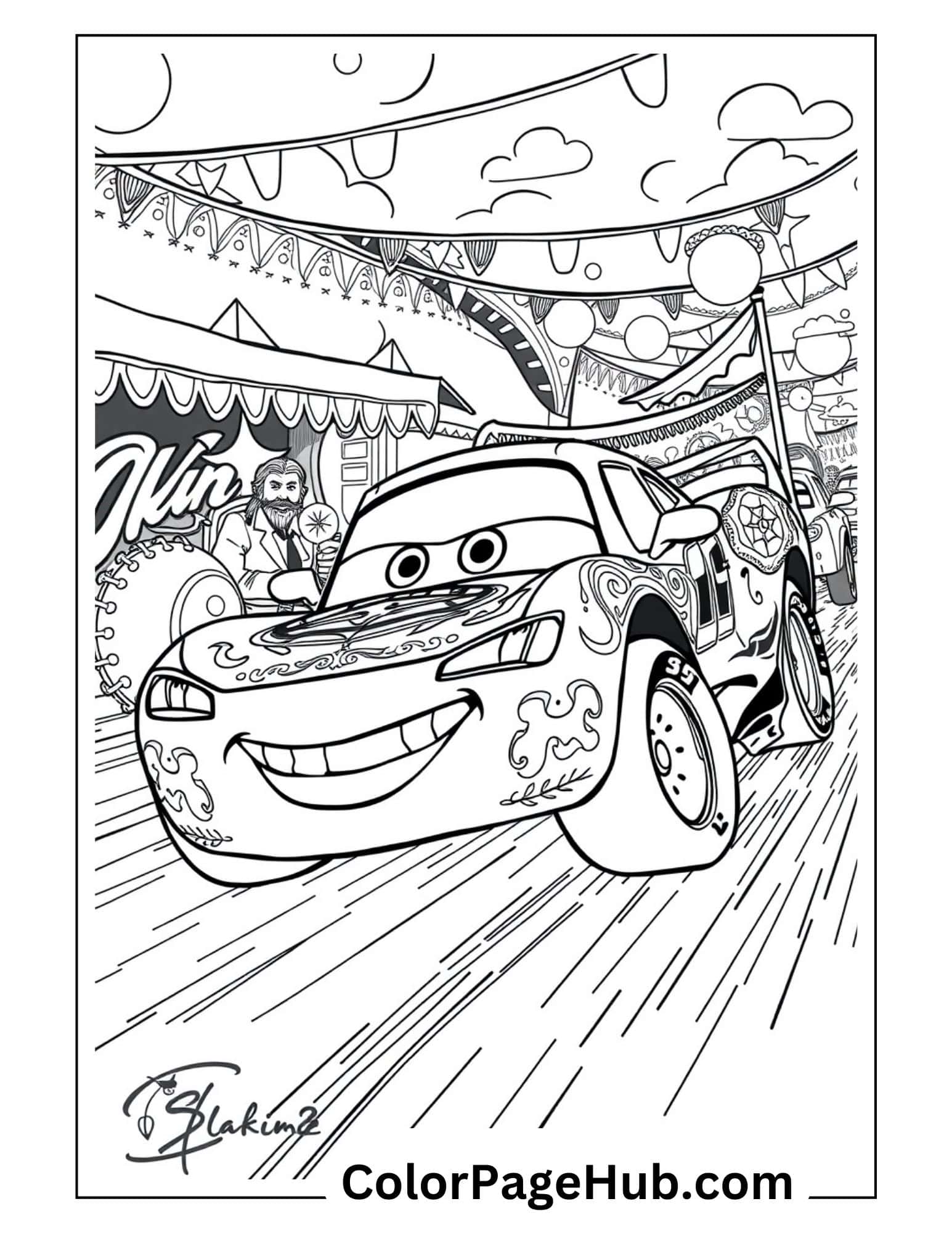 Festival Lightning McQueen coloring page with decorated race car at carnival with bunting and tents - fun Disney Cars Lightning coloring pages