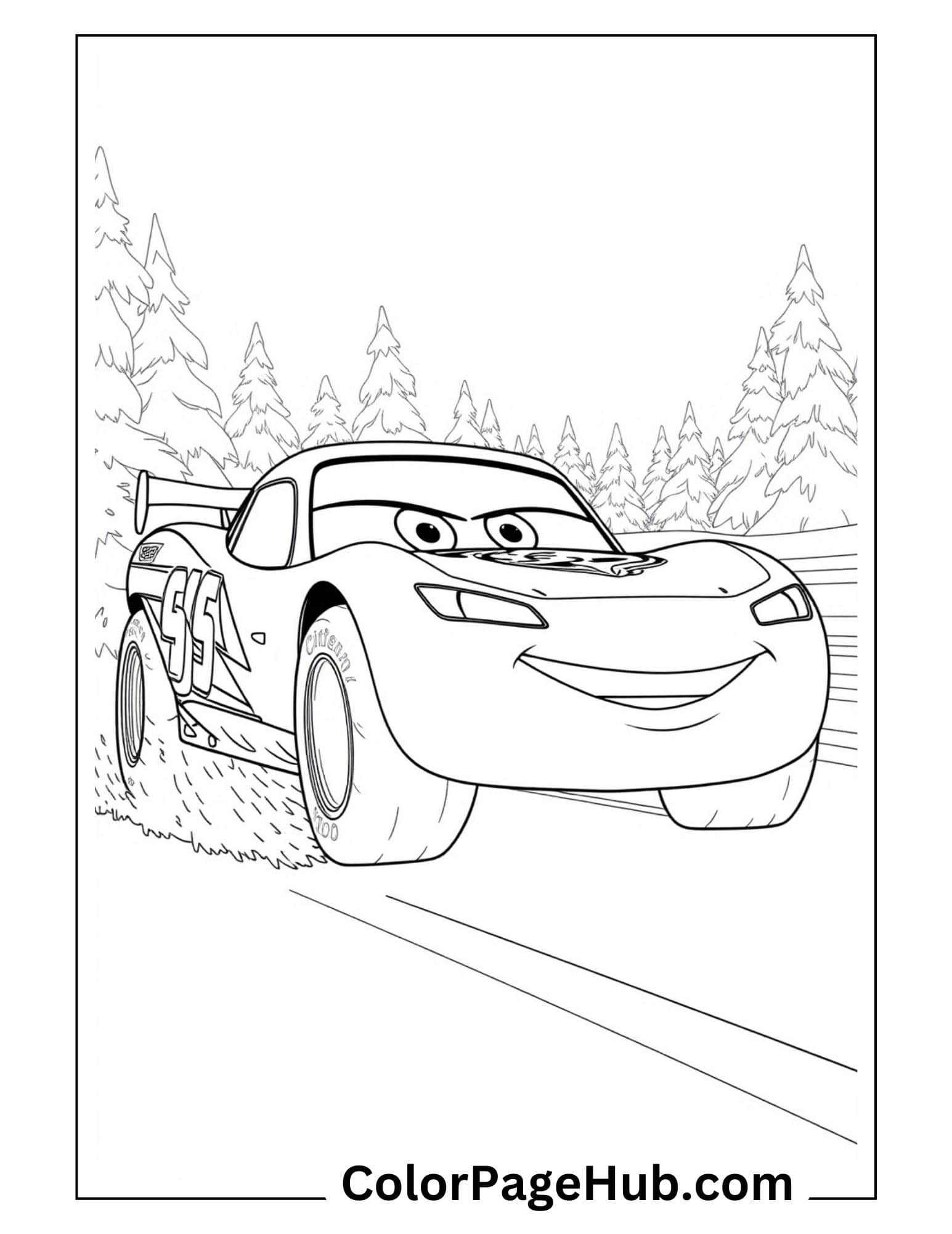 Lightning McQueen coloring page with race car #95 speeding through pine forest - printable Disney Lightning coloring pages for kids