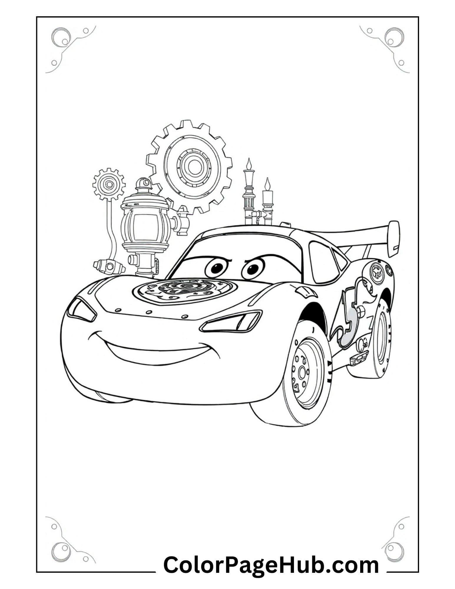 Lightning coloring pages featuring the smiling race car with steampunk-inspired gears, lanterns and mechanical elements