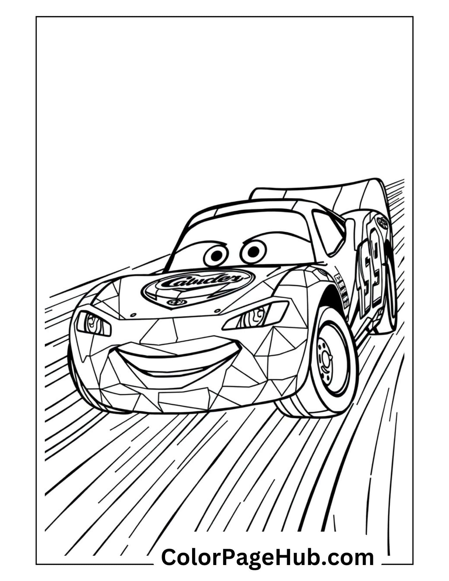 Crystal Lightning McQueen coloring page with geometric patterned race car #95 speeding on track - printable Disney Cars Lightning coloring pages
