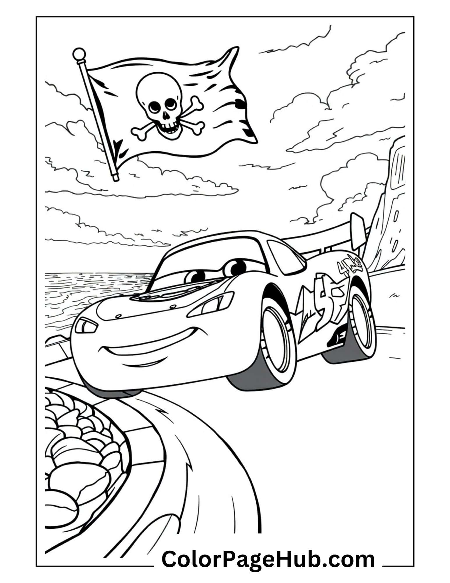 Lightning coloring pages featuring McQueen racing along coastal road under pirate flag, perfect for Cars fans