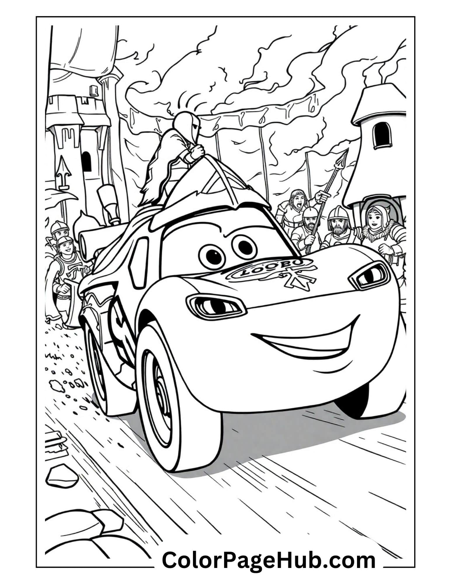 Lightning coloring pages featuring the famous race car in a medieval fantasy setting with knights, castles and smoky skies