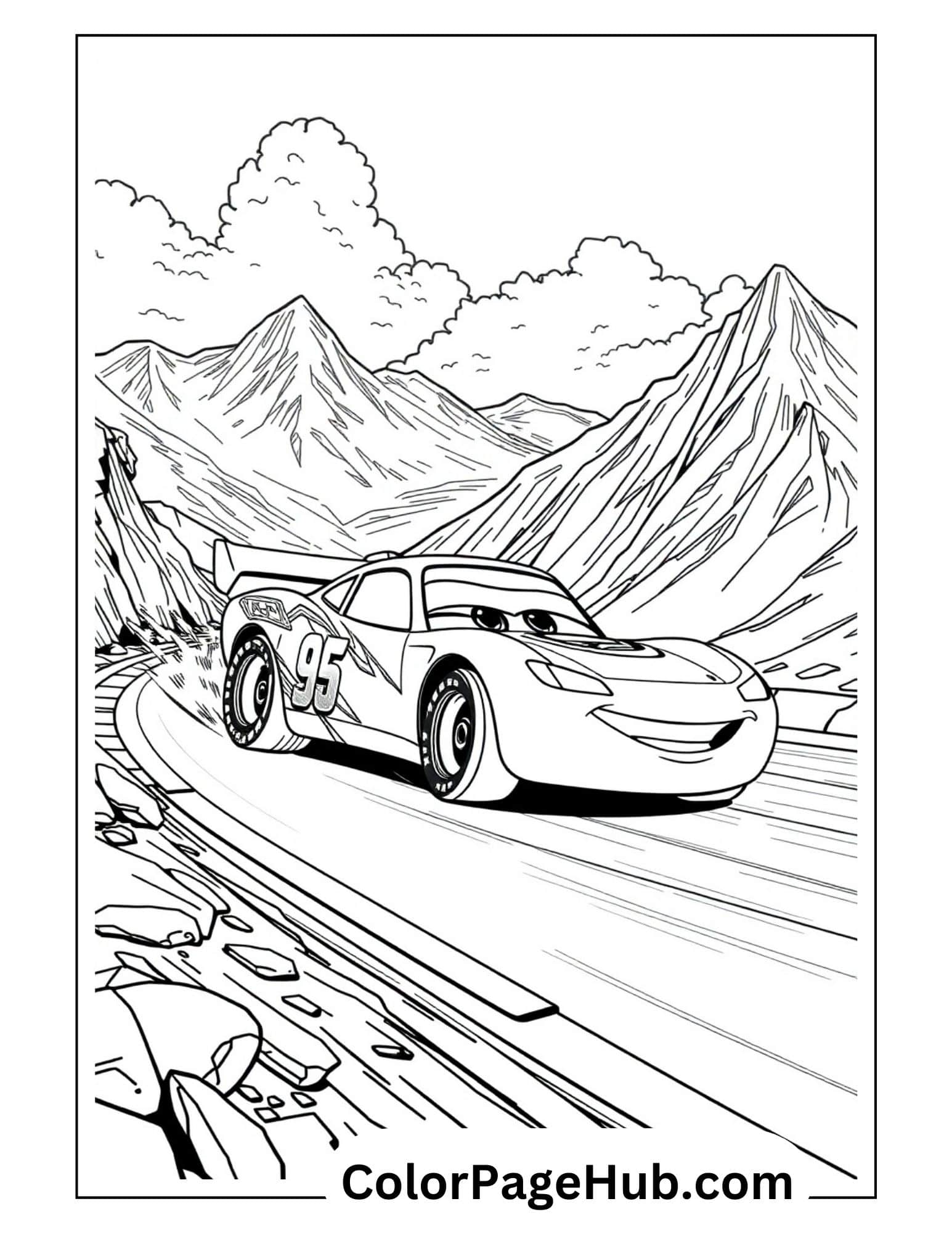 Lightning McQueen coloring page racing through mountain pass - number 95 race car on winding alpine road - Lightning coloring pages