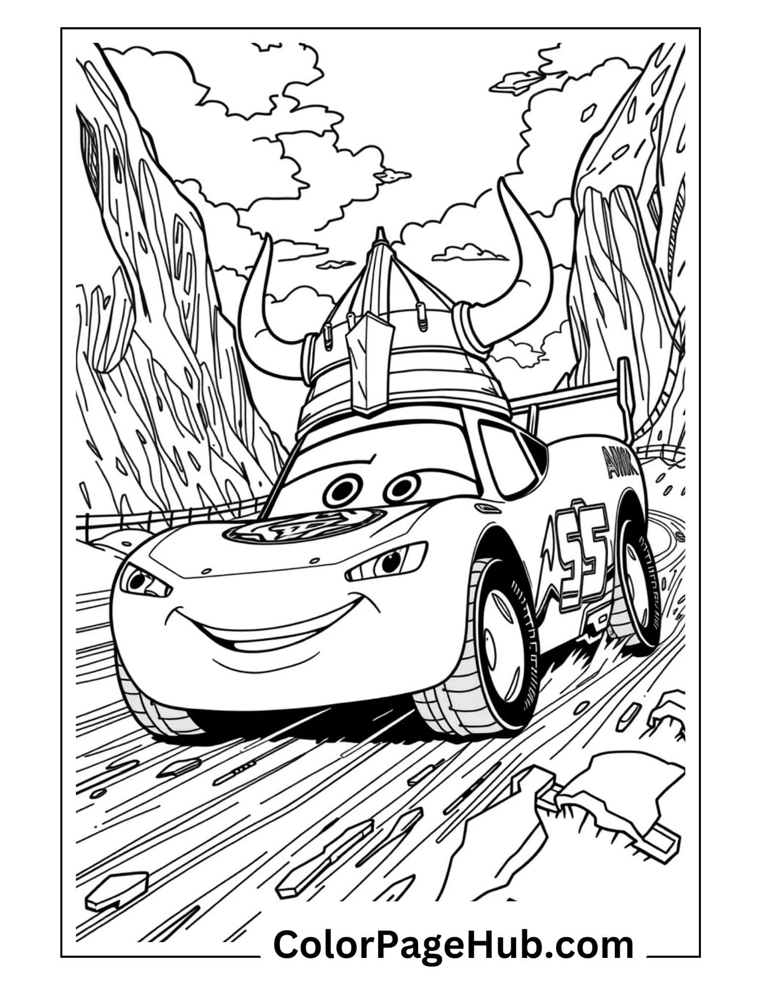 Viking Lightning McQueen coloring page with race car #55 wearing horned helmet racing through mountain canyon - fun Lightning coloring pages