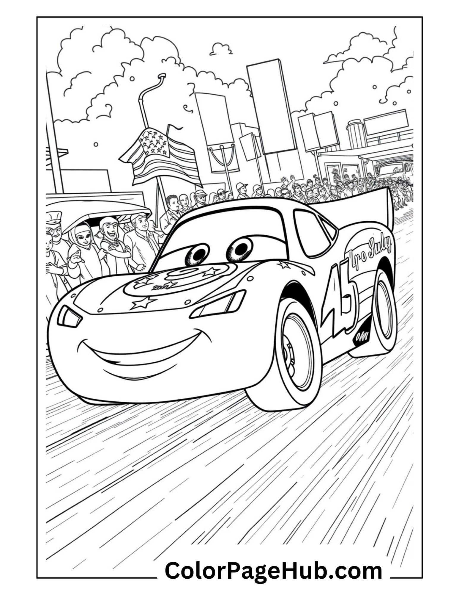 Lightning coloring pages featuring the race car in a 4th of July parade with American flag, cheering crowds and city skyline
