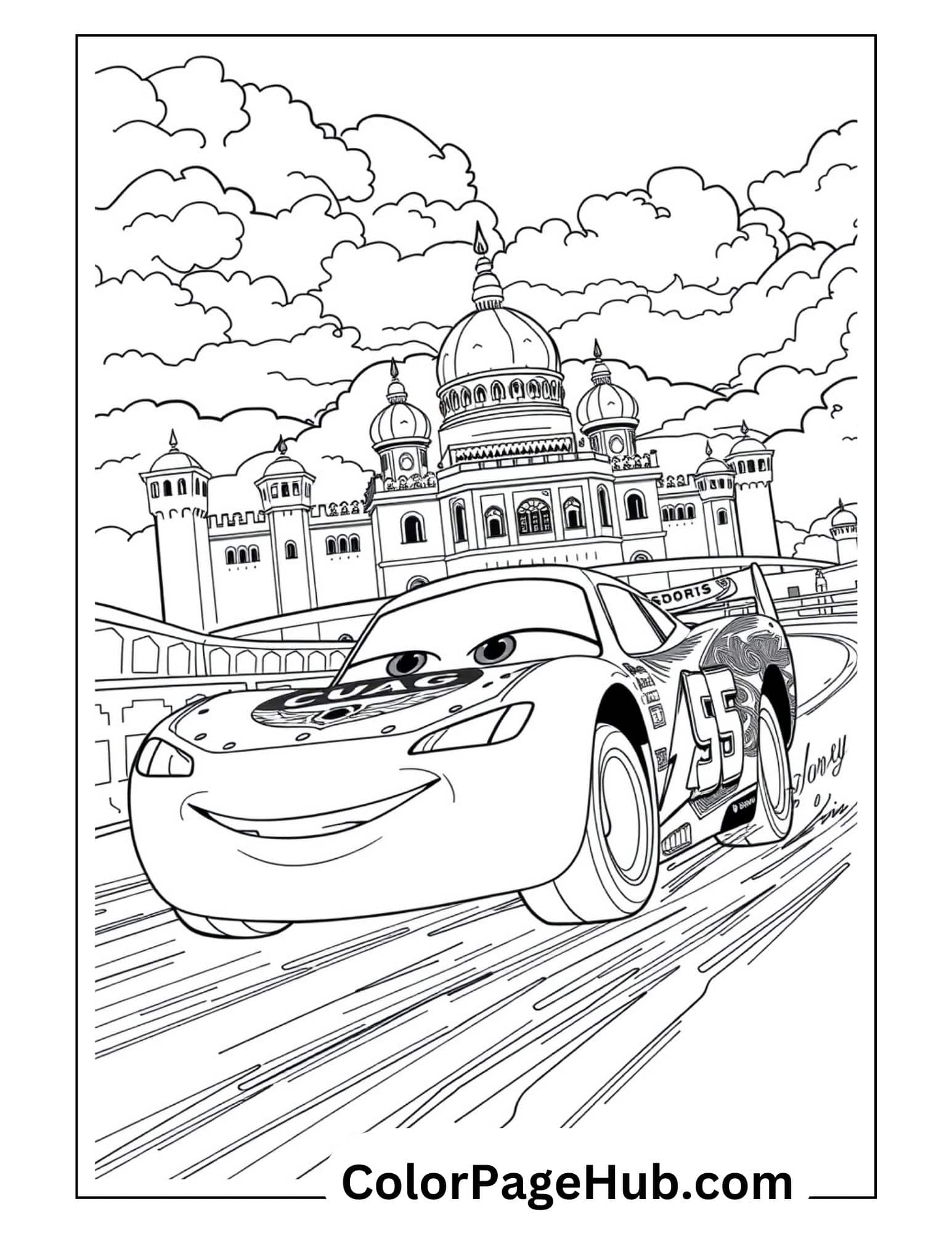 Lightning McQueen #95 racing past grand palace with ornate domes - world travel themed Lightning Coloring Pages for kids