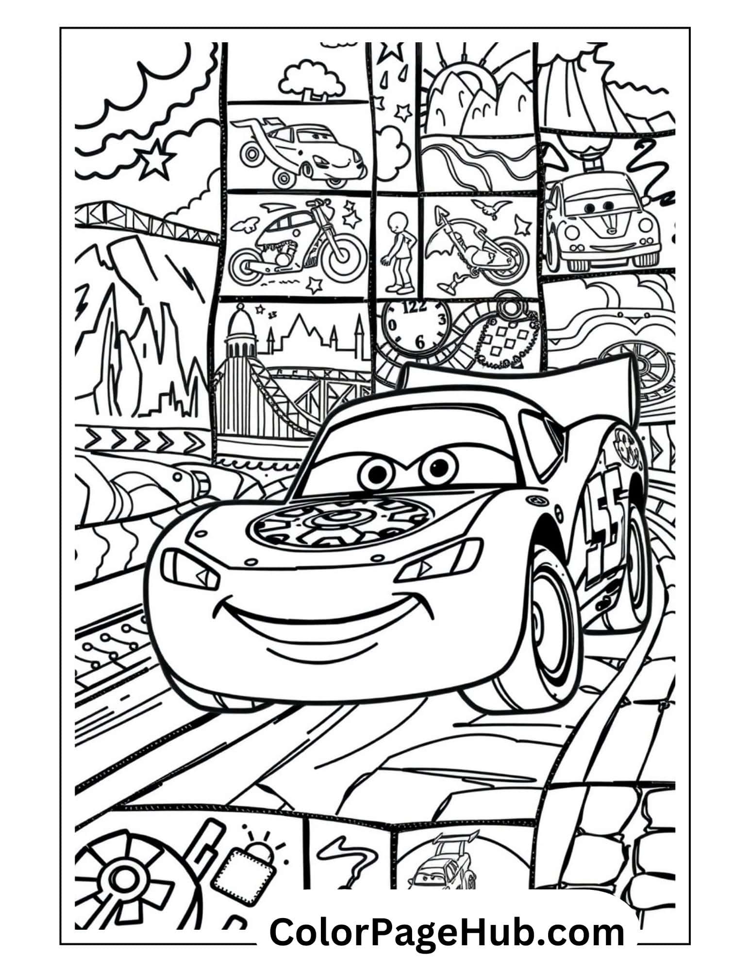 Lightning coloring pages with race car #95 against comic-style panels featuring motorcycles, bridges, mountains and racing scenes