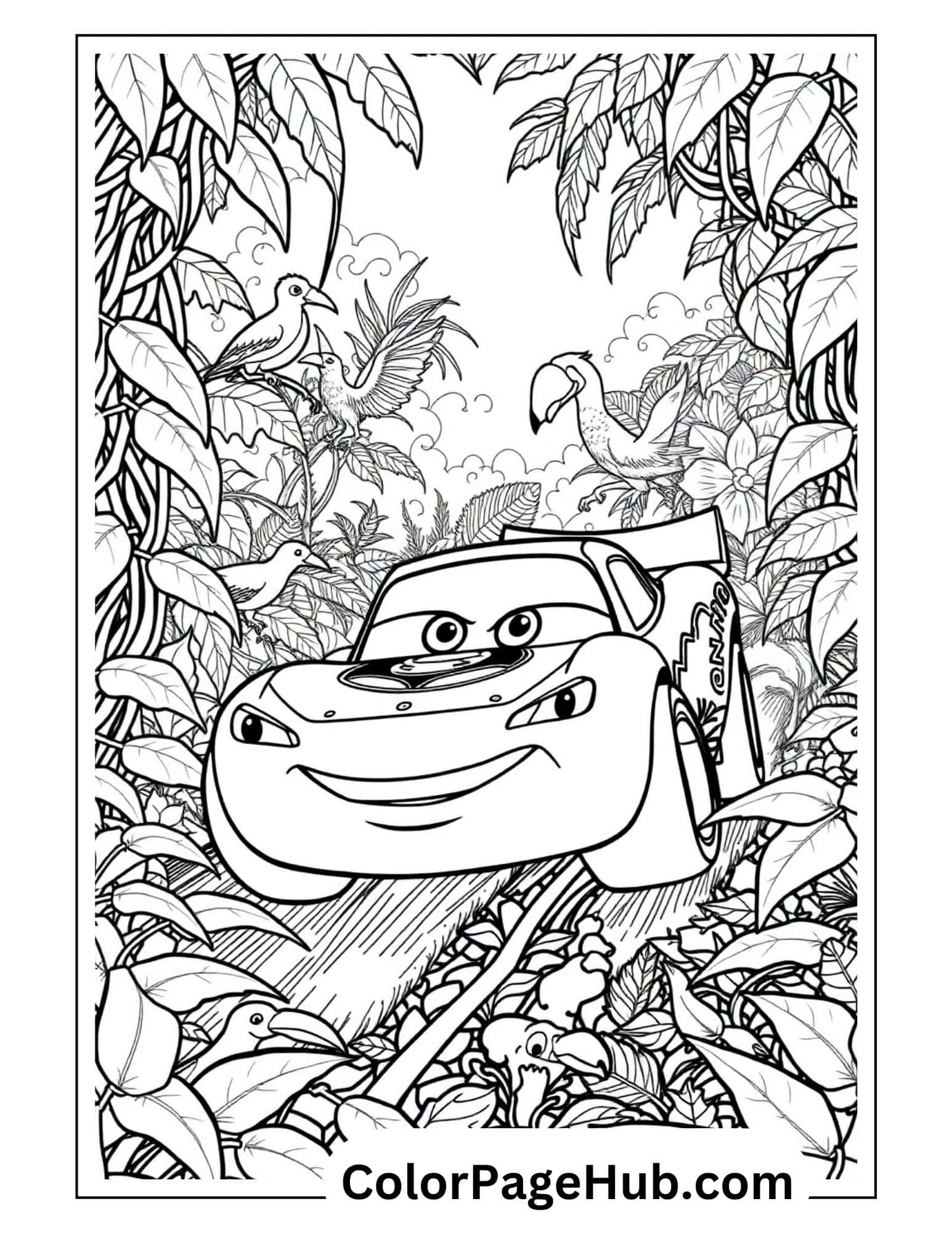 Jungle Lightning McQueen coloring page with race car #95 exploring tropical rainforest with birds and exotic plants - Lightning coloring pages