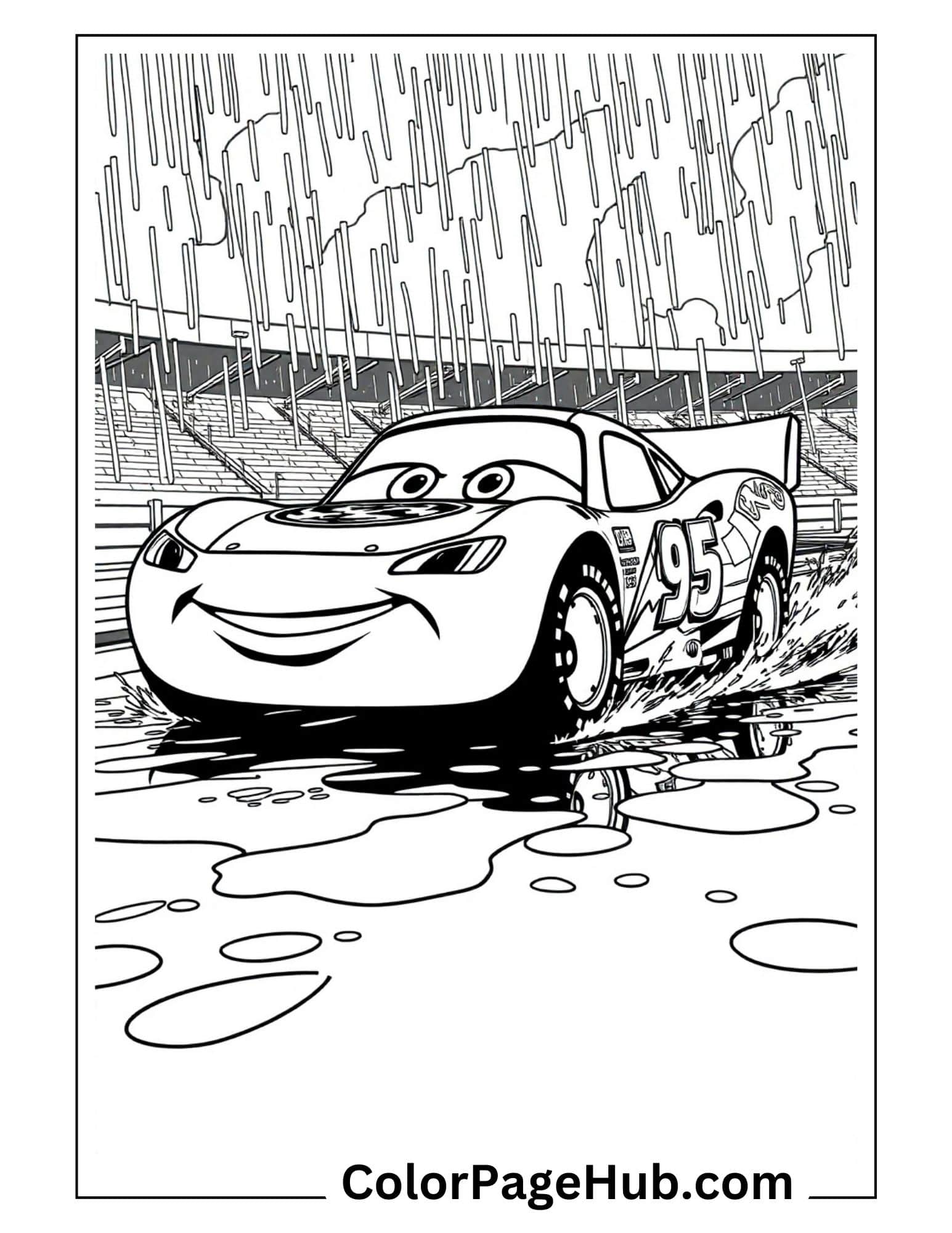 Lightning McQueen racing in rain coloring page - number 95 race car splashing through puddles - printable Lightning coloring pages