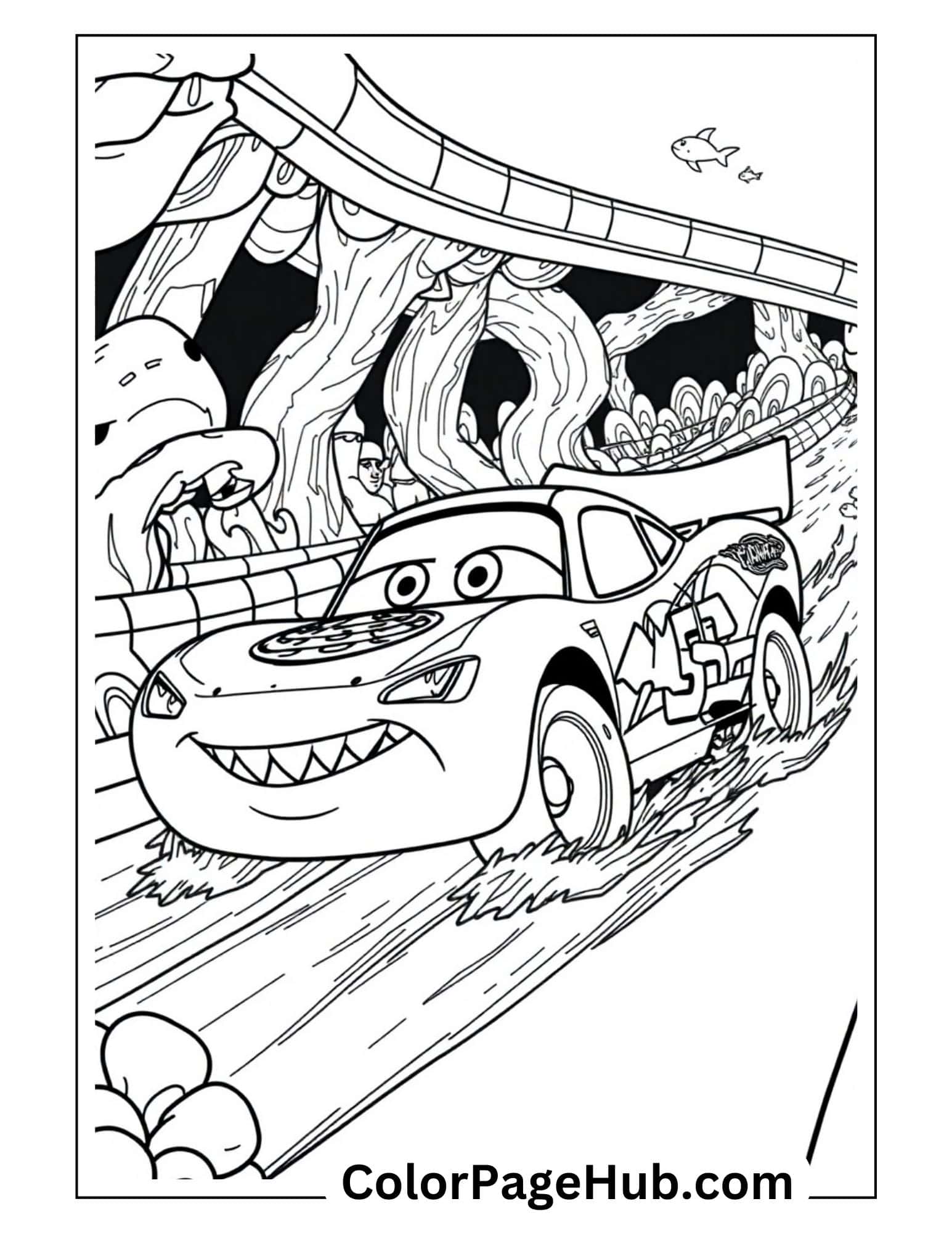 Lightning coloring pages featuring the race car with sharp-toothed smile racing through an underwater tunnel with fish and coral