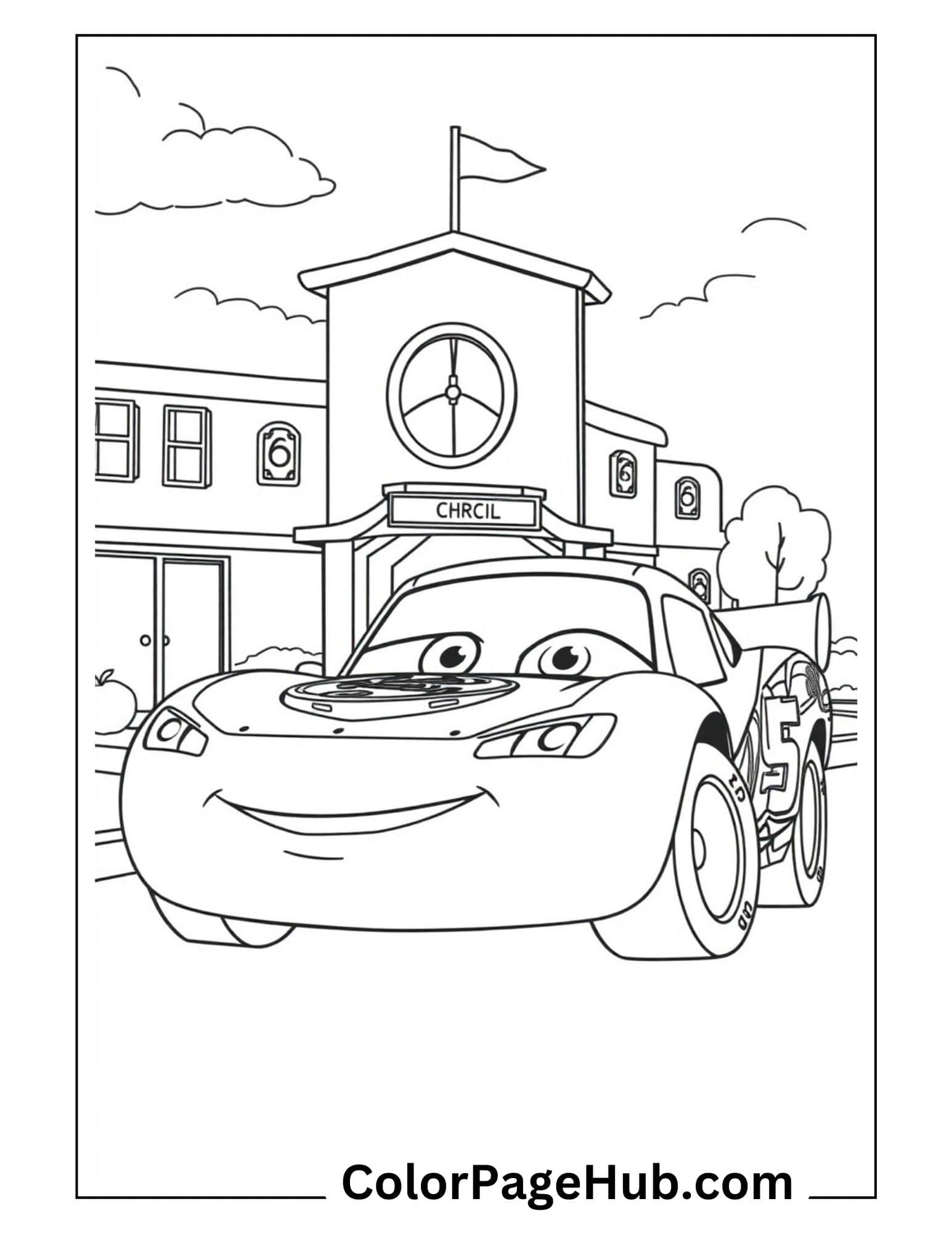 Lightning coloring pages featuring the smiling race car parked in front of a school building with clock tower and flag