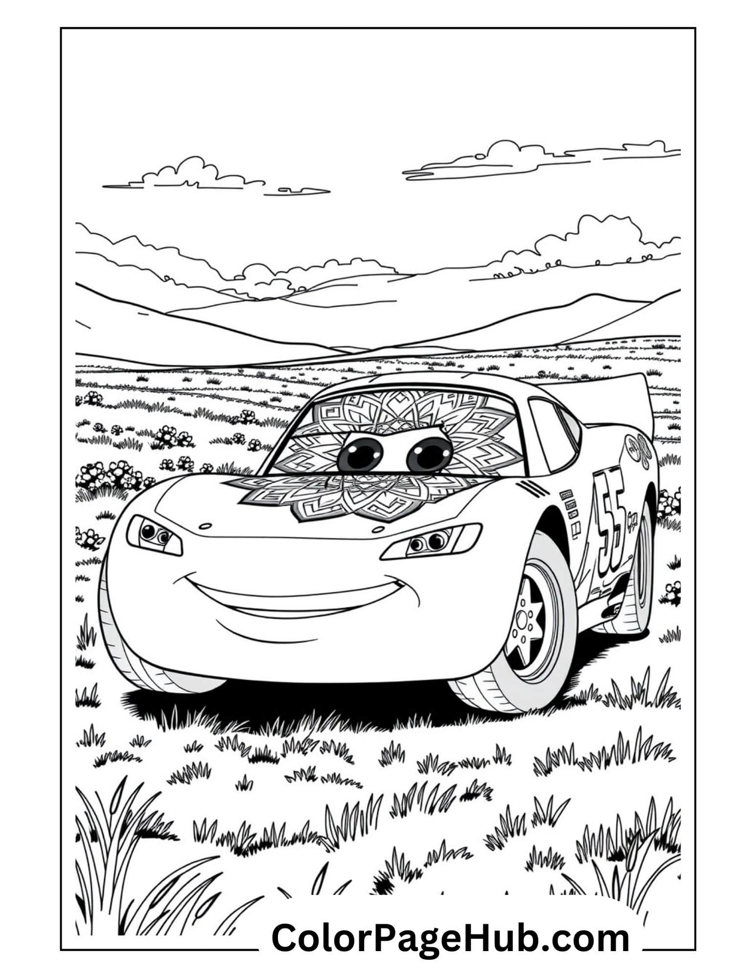 Lightning McQueen coloring page featuring race car #95 with expressive eyes in grassy field with mountains - free Lightning coloring pages for kids