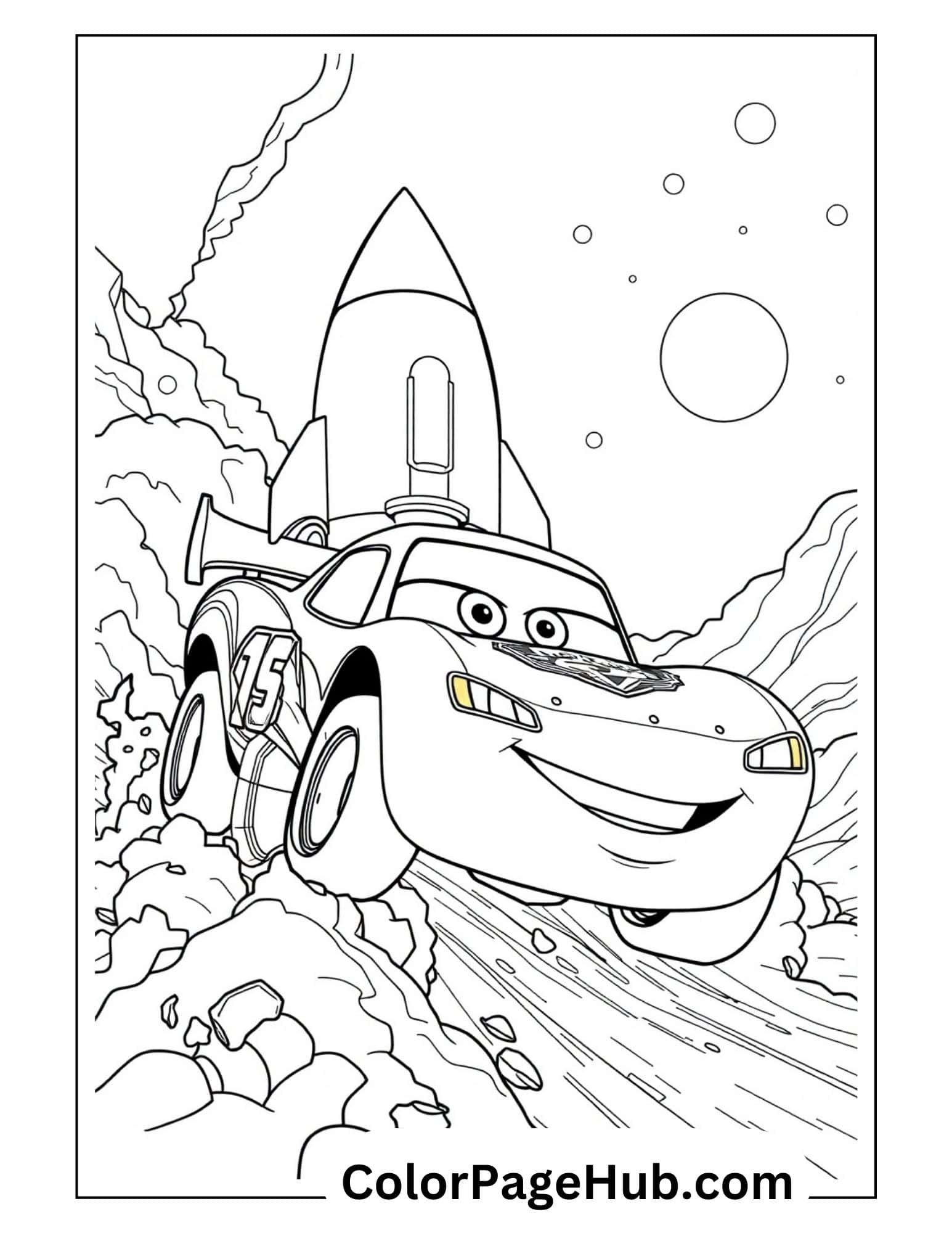 Lightning coloring pages featuring the race car with rocket boosters zooming through space terrain near planets and a launch site