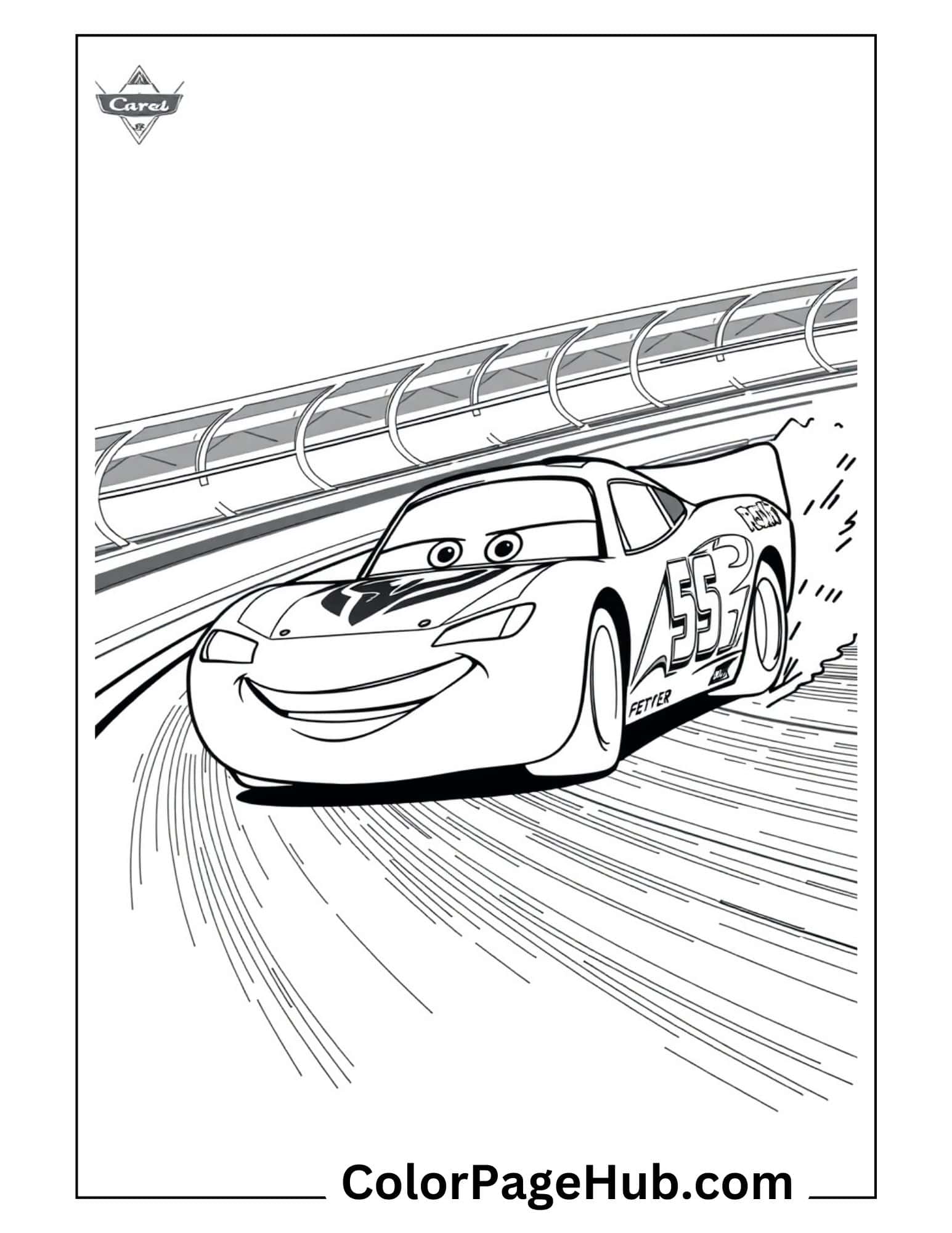 Racing car #455 speeding on track with motion lines - dynamic Disney Cars Lightning Coloring Pages for racing fans