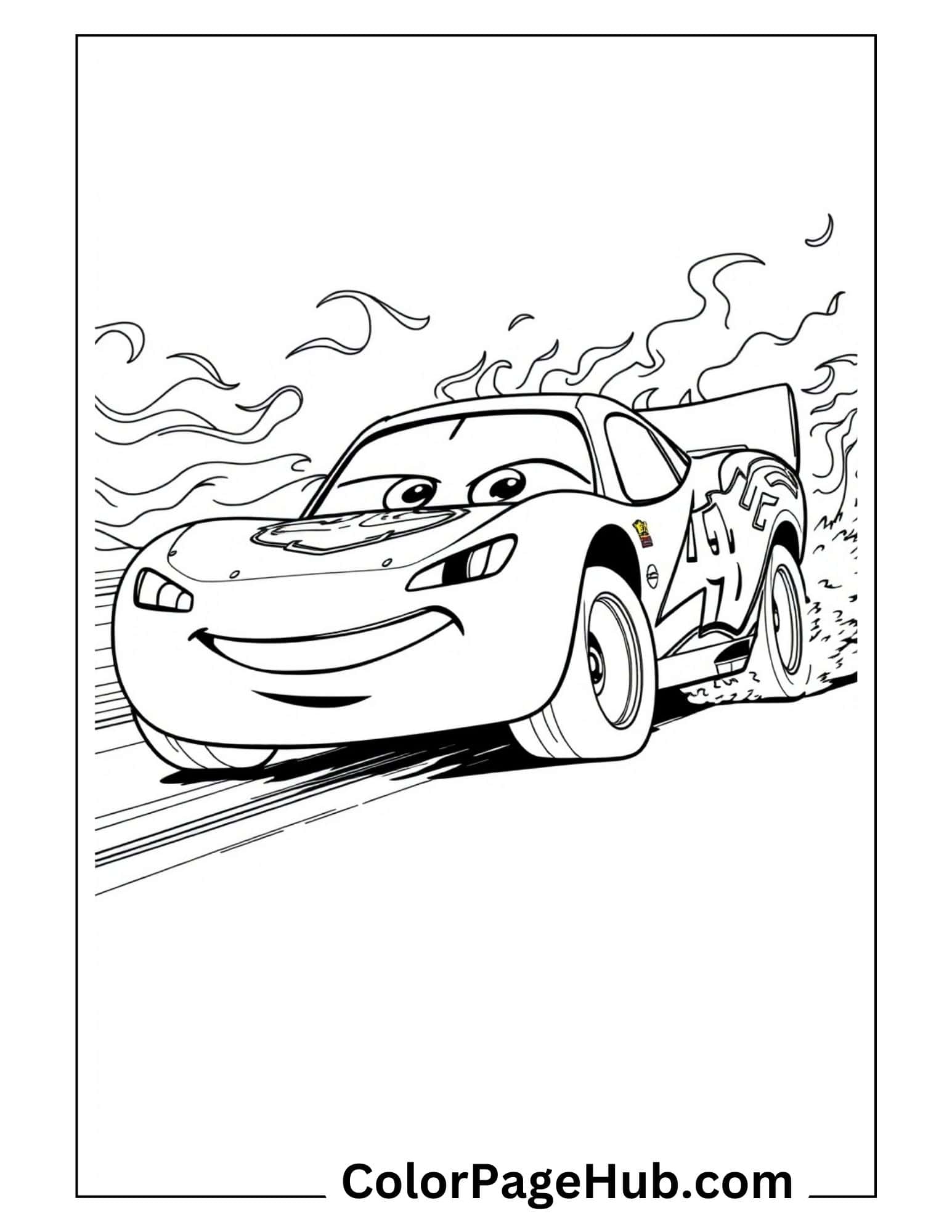 Lightning coloring pages showing speedy race car zooming with dynamic smoke effects and smiling expression, perfect for young racing fans.