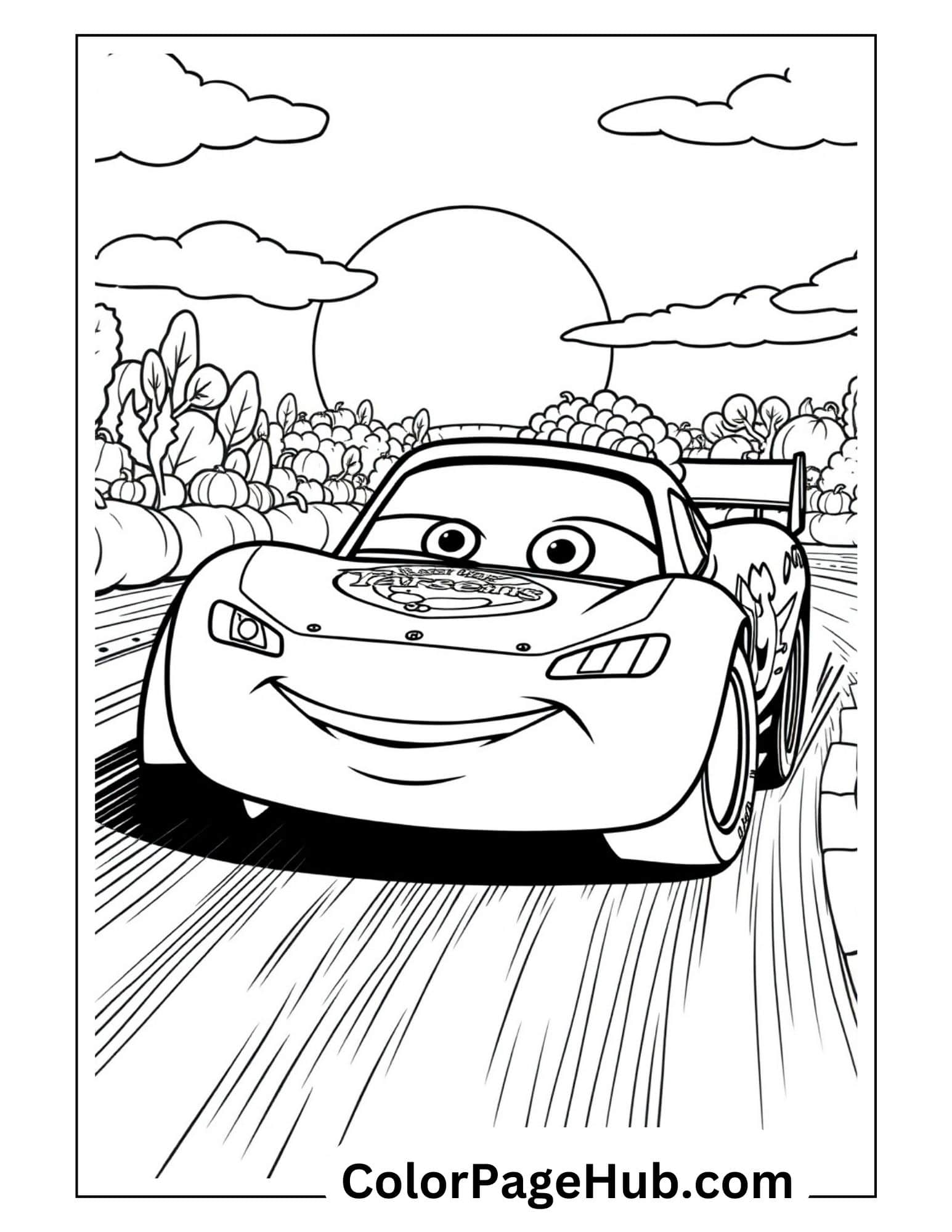 Lightning coloring pages featuring the smiling race car speeding down a countryside road at sunset with trees and clouds