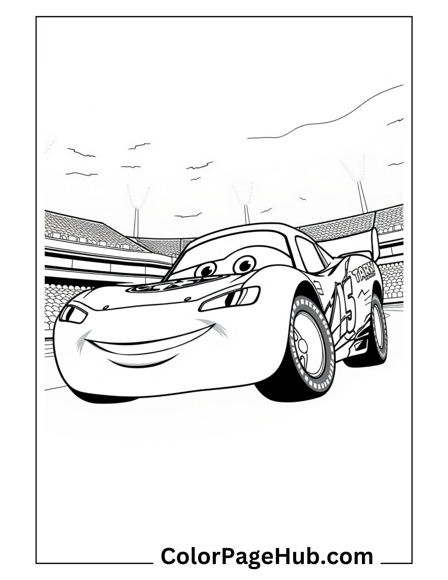 Stadium Lightning McQueen coloring page with smiling race car #95 on professional racetrack - popular Disney Cars Lightning coloring pages