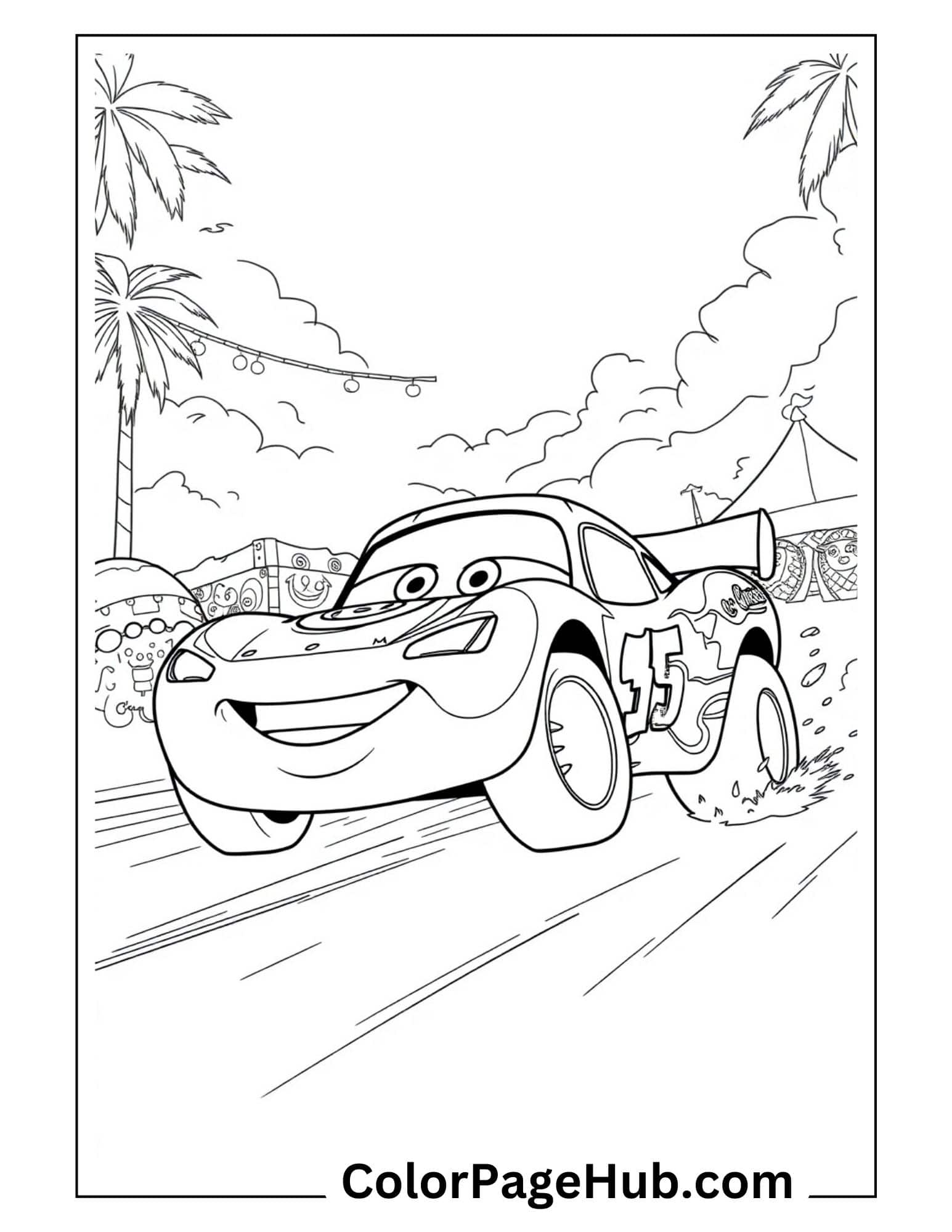 Lightning coloring pages featuring the famous race car speeding along a tropical track with palm trees and carnival tents