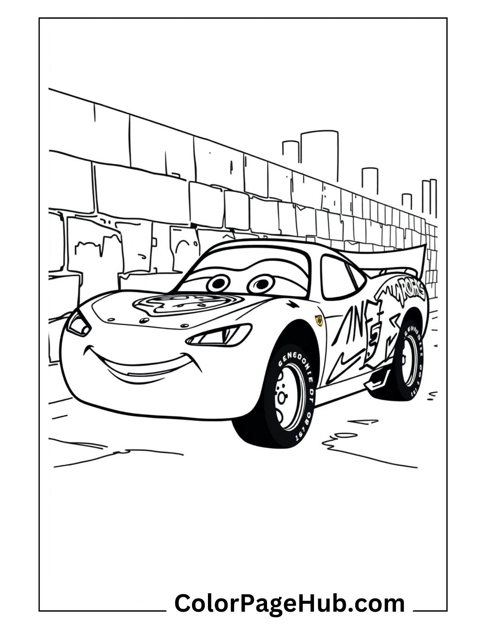 Urban Lightning McQueen coloring page featuring race car with city skyline background - printable Disney Cars Lightning coloring pages