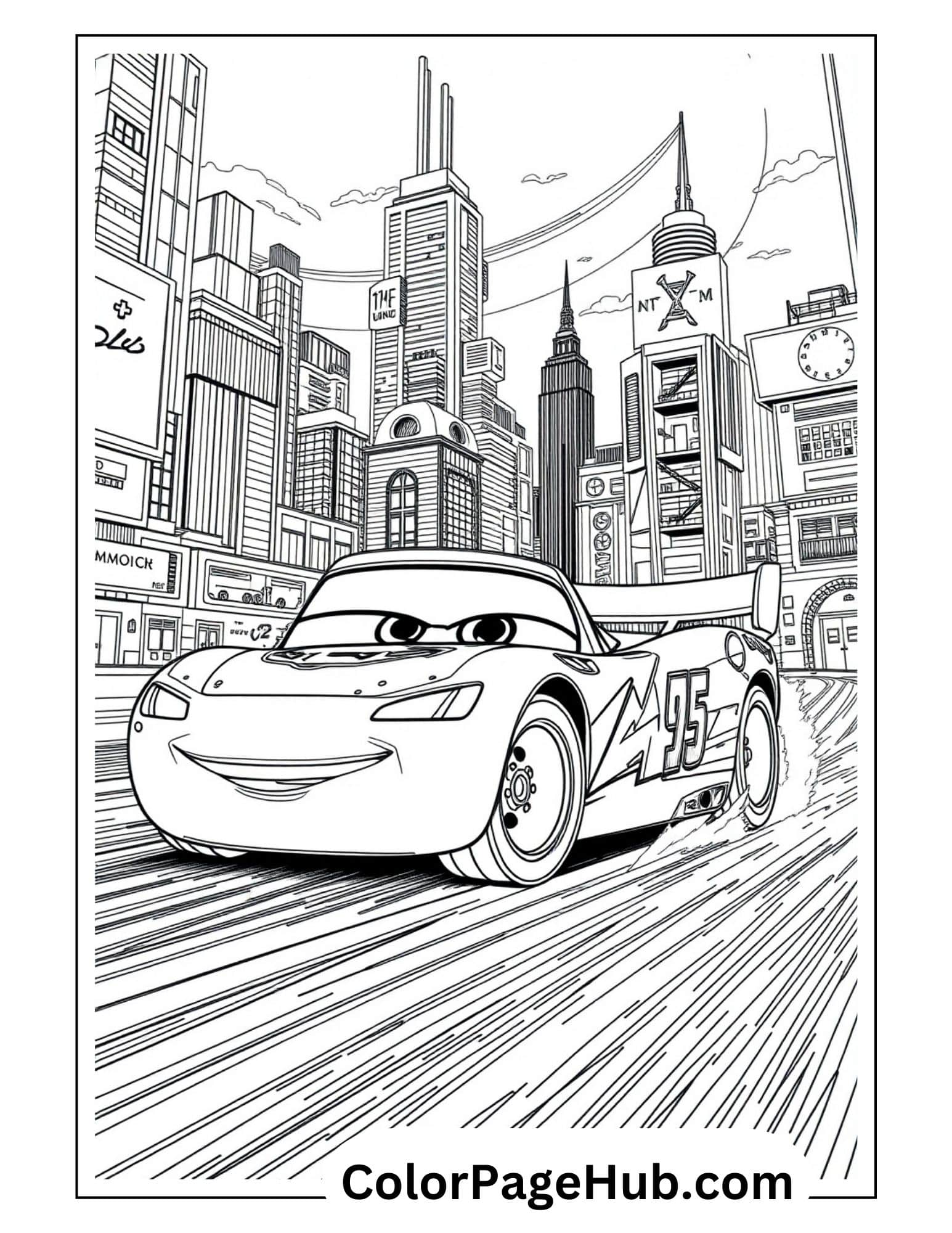 Lightning coloring pages featuring the smiling race car #95 speeding through a detailed city skyline with skyscrapers