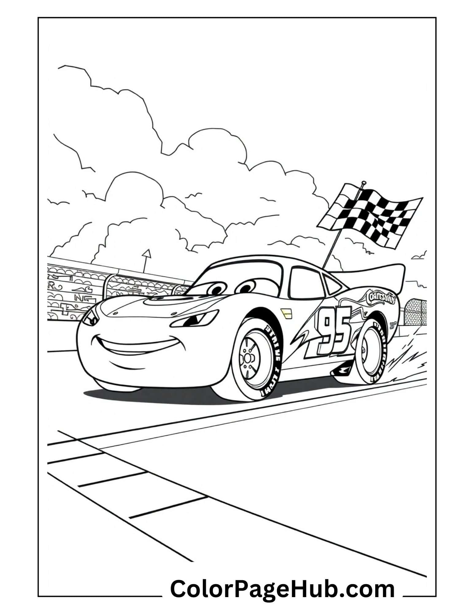 Lightning coloring pages featuring car #95 winning at racetrack with checkered flag, clouds and stadium background