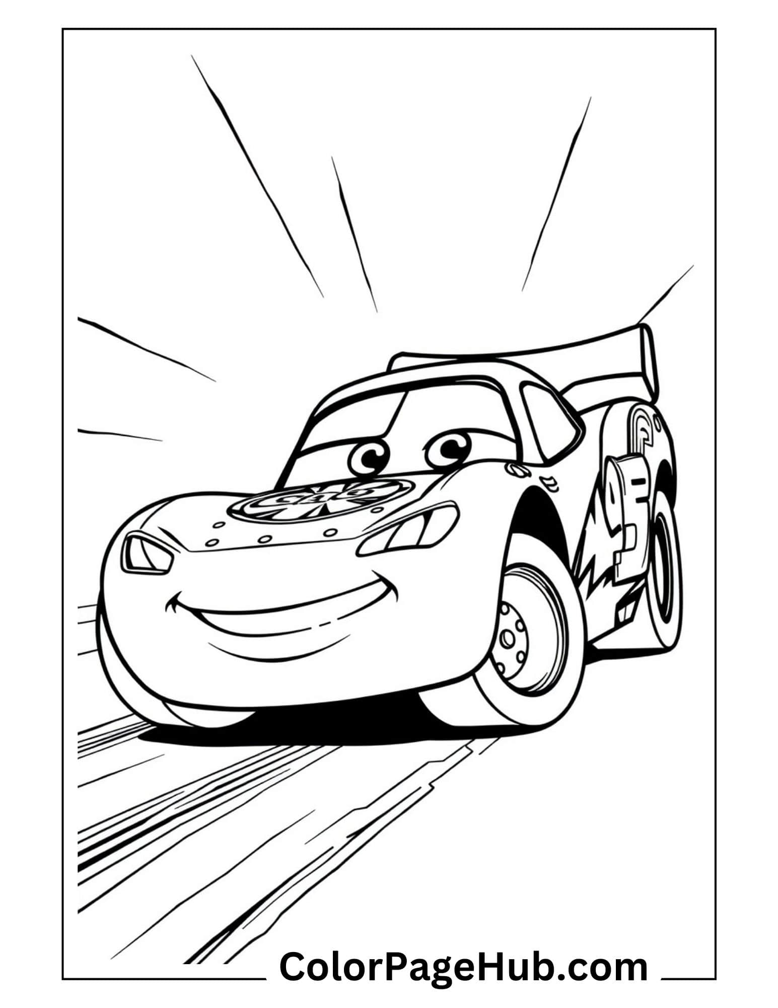 Smiling Lightning McQueen racing with speed lines and dynamic pose - Disney Pixar Cars Lightning Coloring Pages for young fans