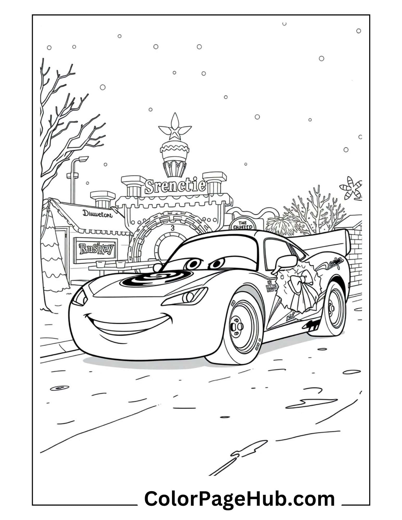Christmas Lightning McQueen coloring page with race car in winter holiday village - festive Disney Cars Lightning coloring pages