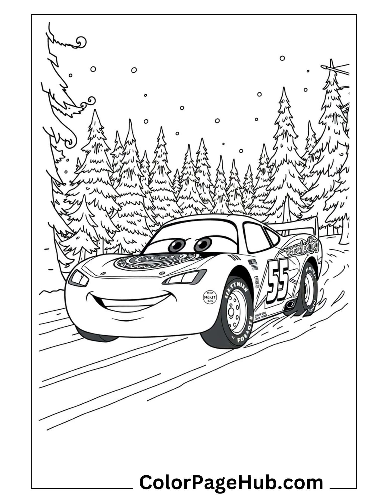 Winter Lightning McQueen coloring page with race car #55 speeding through snowy forest - free printable Lightning coloring pages for kids