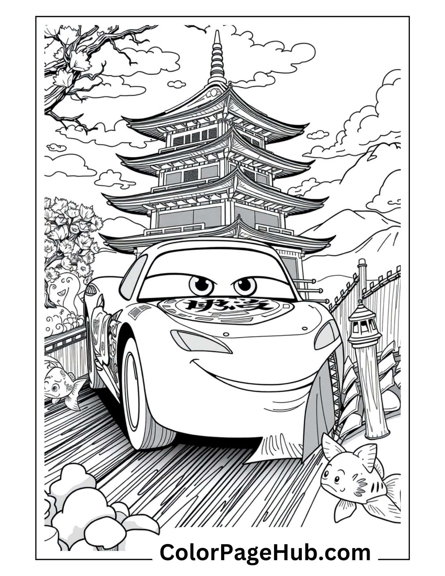 Japan Lightning McQueen coloring page featuring race car at pagoda temple with koi fish and cherry blossoms - Disney Cars Lightning coloring pages