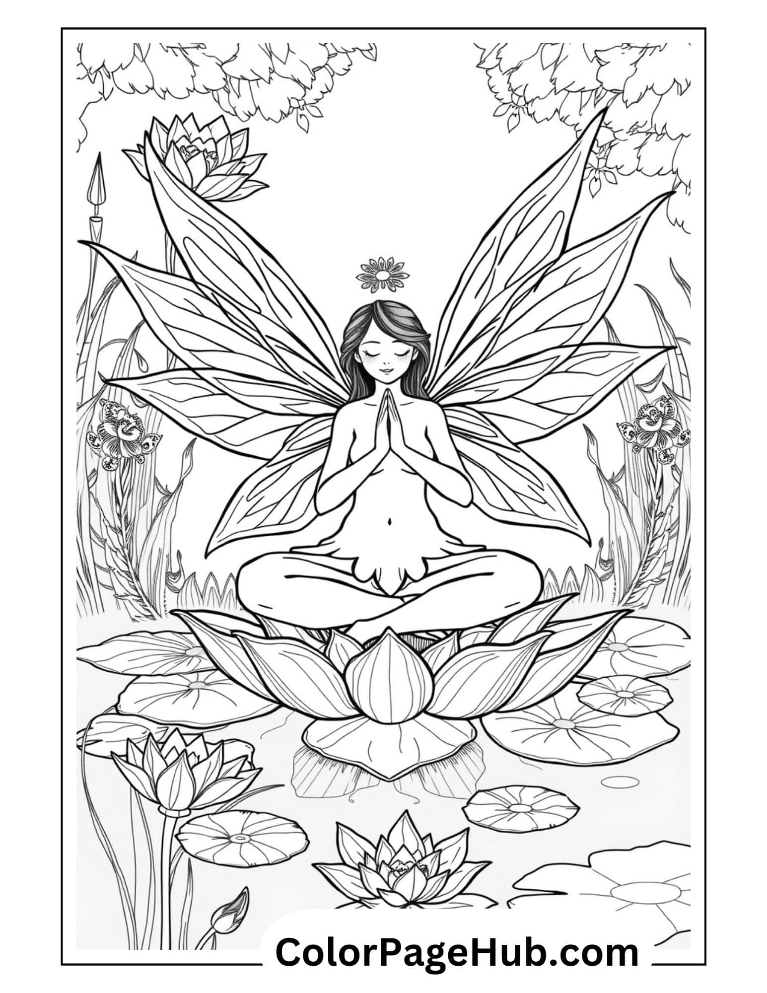 Fairy Coloring Page featuring a peaceful fairy meditating on a lotus flower in a serene pond surrounded by nature and blossoms