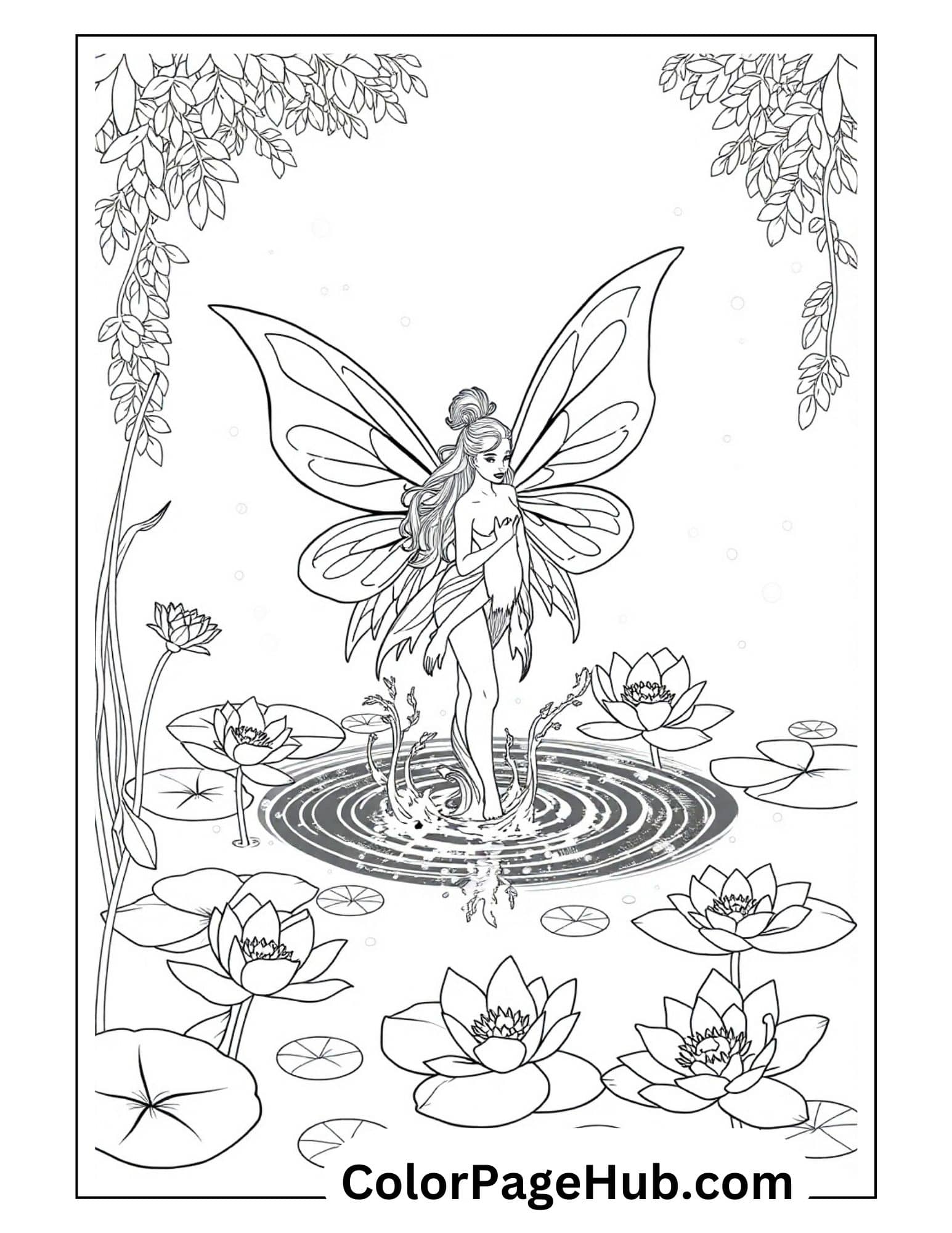 Enchanting fairy coloring page featuring a graceful water fairy with butterfly wings stepping into a pond surrounded by lotus flowers and lily pads