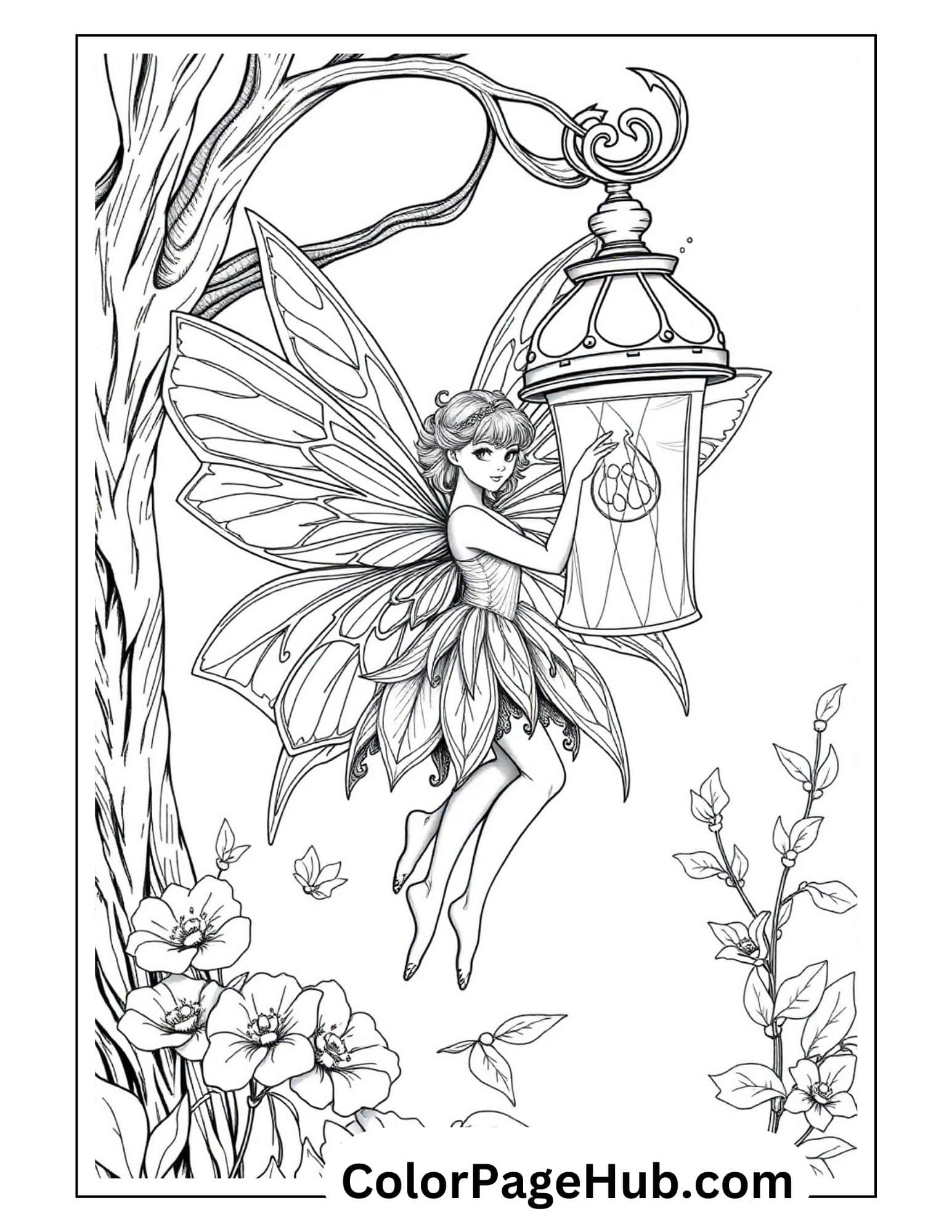 Lantern fairy coloring page with winged fairy illuminating forest night, holding ornate hanging lantern amid blooming flowers and tree branches