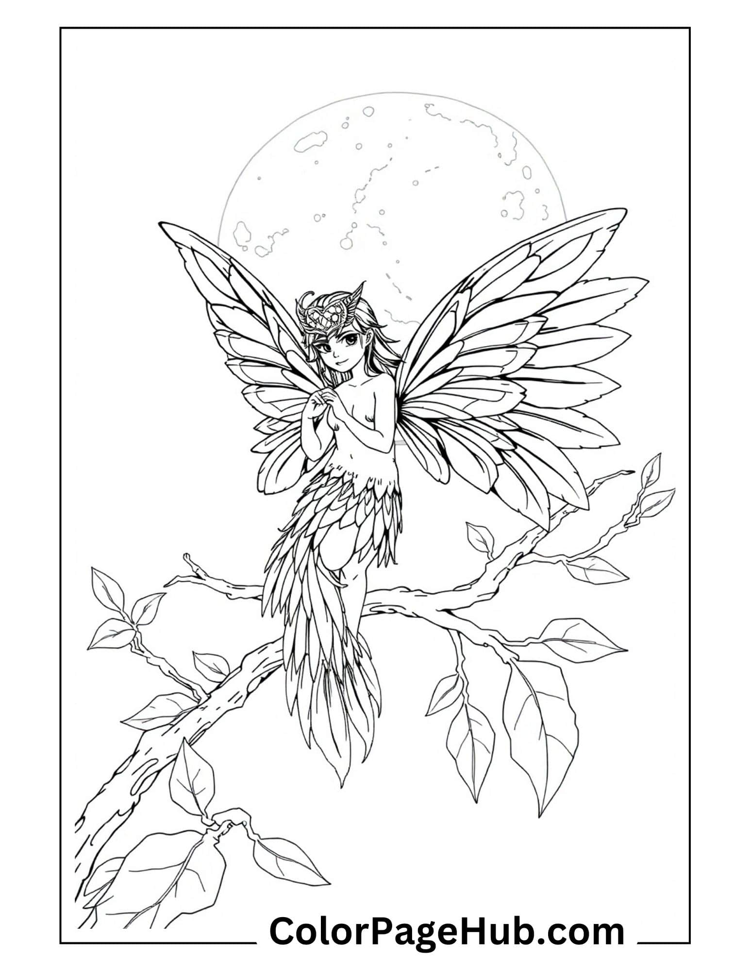 Moonlight fairy coloring page with bird-like fairy perched on tree branch against full moon backdrop, featuring detailed wings and feathered body