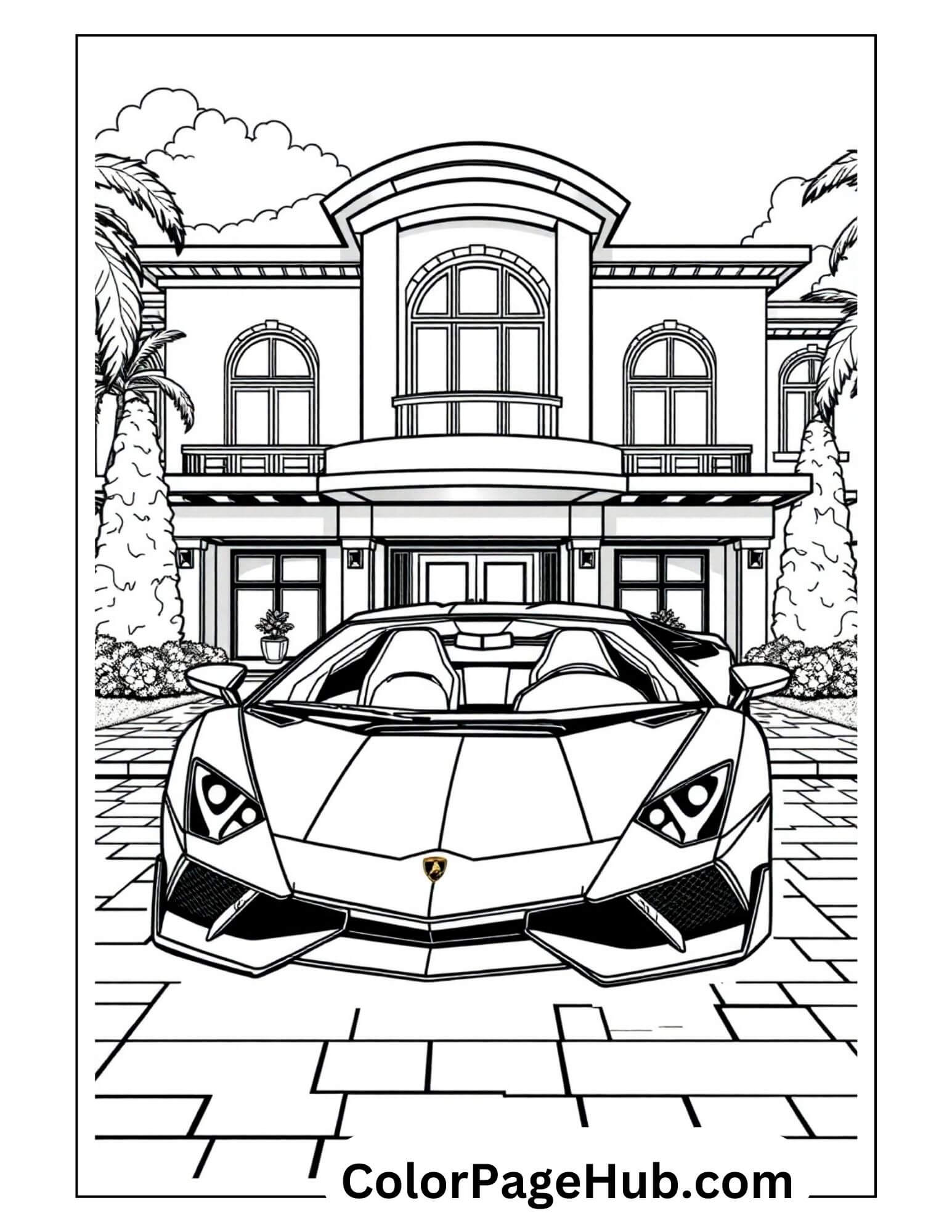 Luxury Lamborghini parked in front of elegant mansion with palm trees - premium sports cars coloring page for automotive enthusiasts