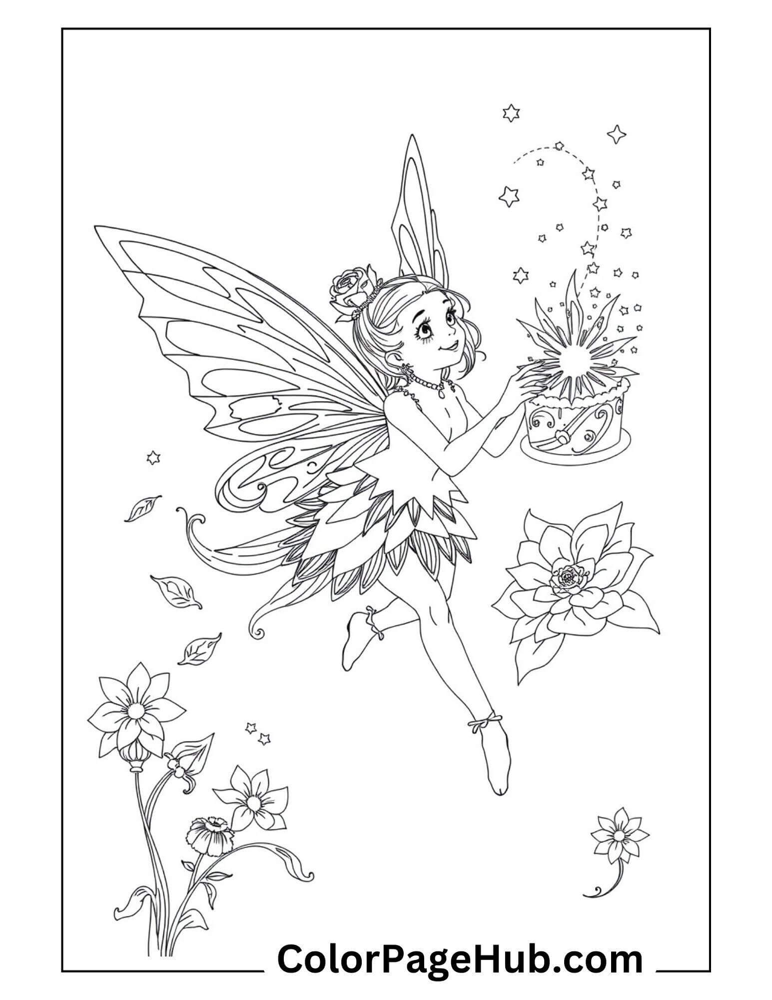 Enchanting Happy Birthday Coloring Page with a whimsical fairy, sparkling stars, and a festive birthday cake surrounded by flowers.