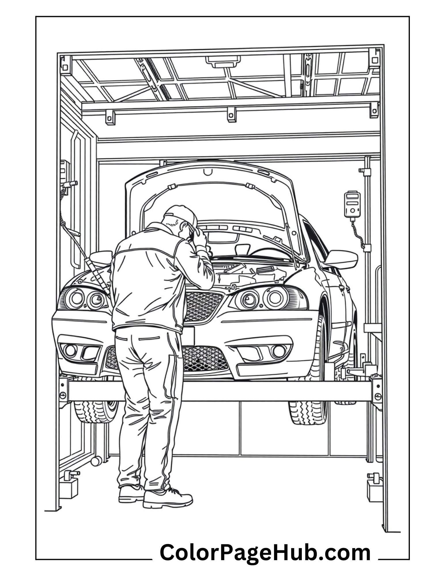 Mechanic repairing sports car on hydraulic lift in garage workshop - detailed Cars Coloring Page for automotive enthusiasts