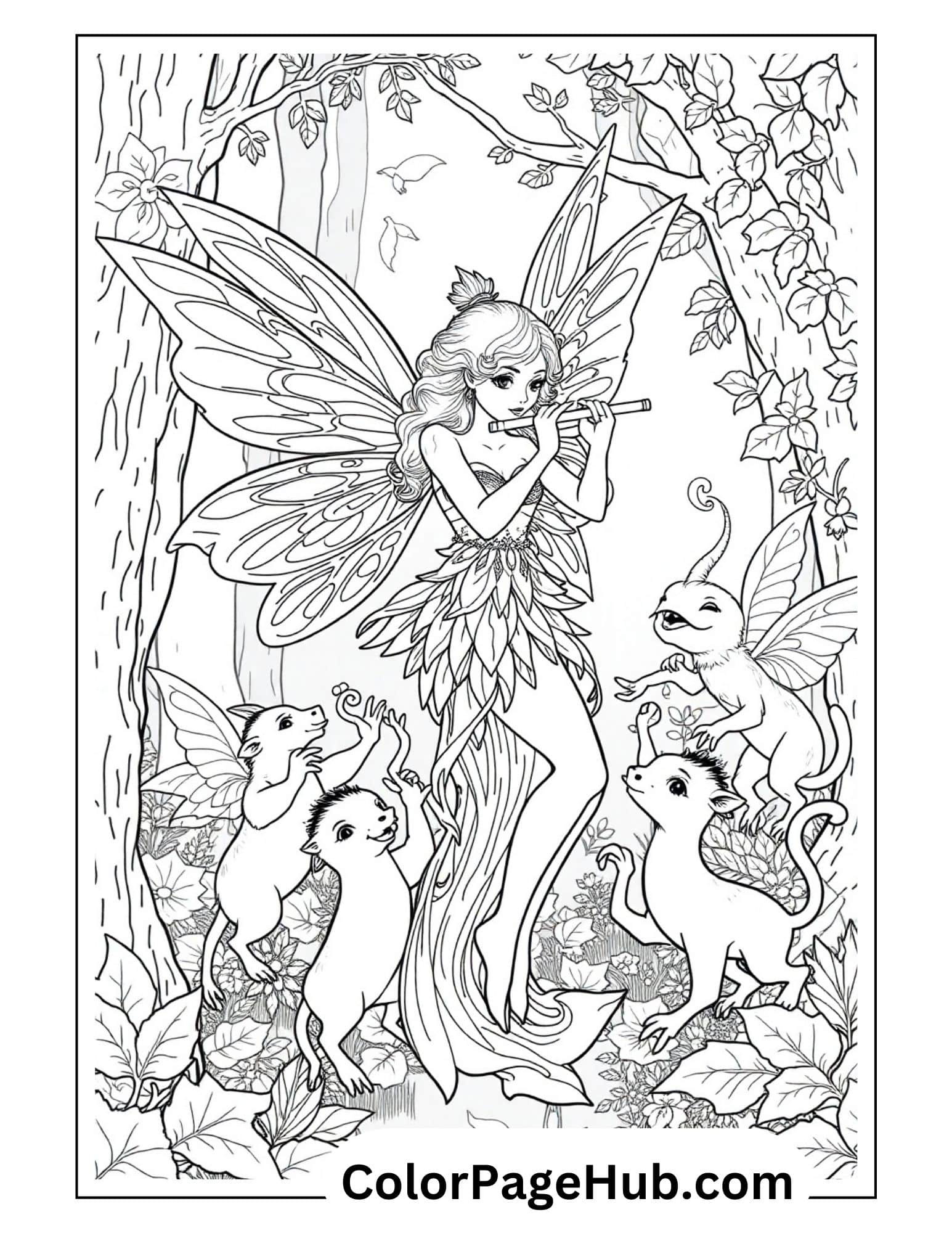 Enchanting fairy coloring page with musical fairy playing flute for winged forest creatures in a magical woodland setting with detailed leaves and trees