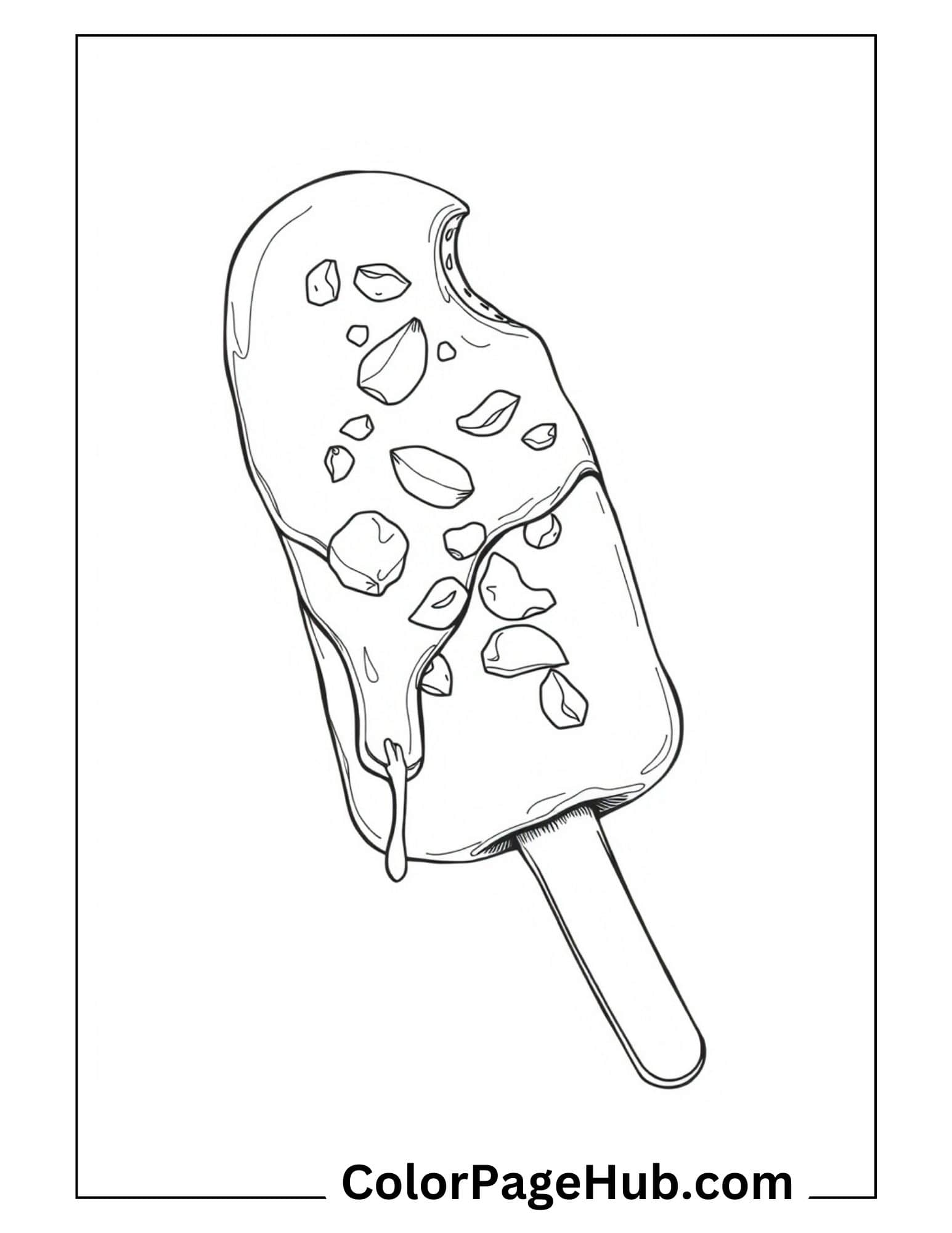 Ice cream coloring page with melting popsicle bar covered in nuts and chocolate drips, ideal for detailed coloring fun